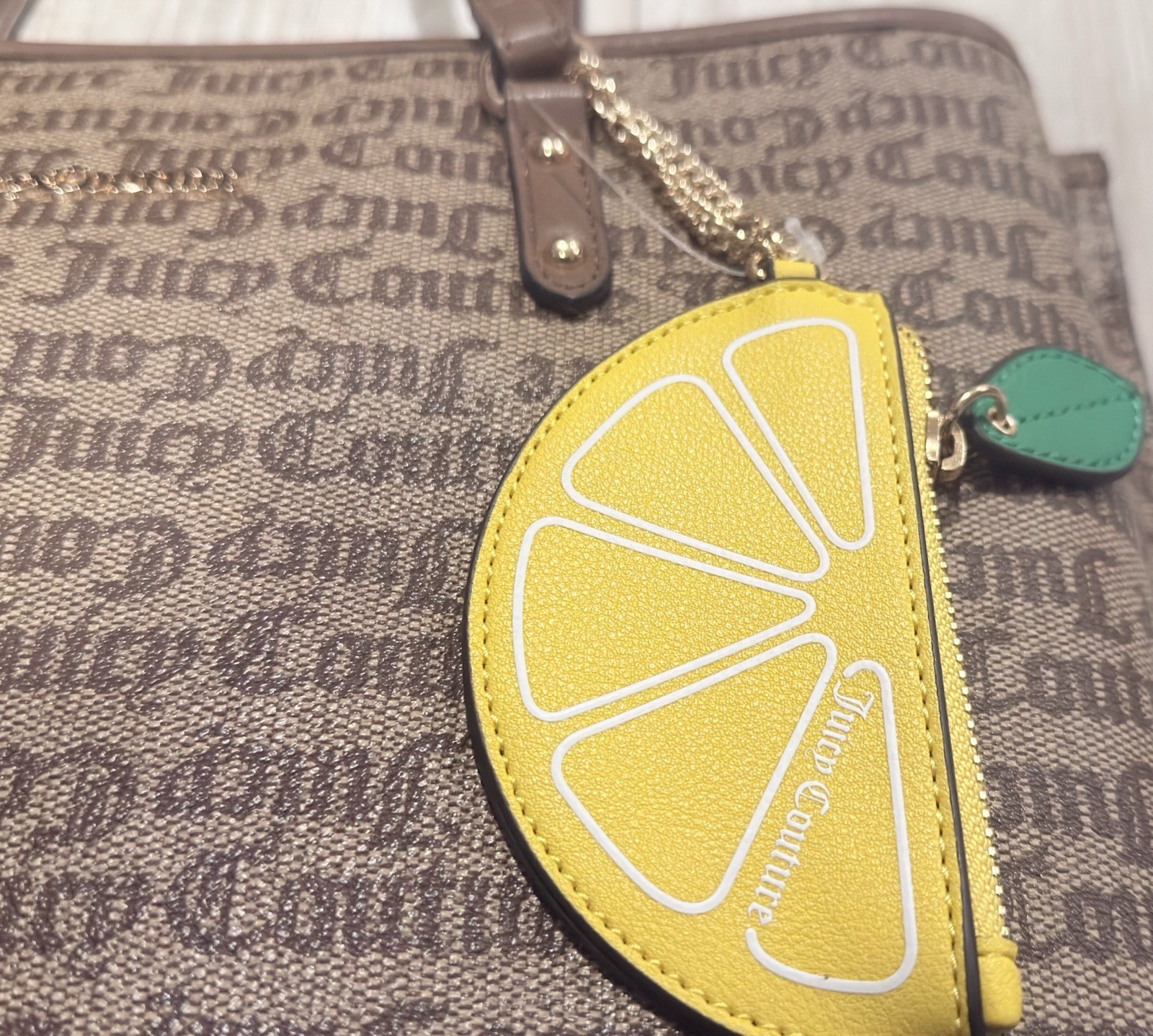 Juicy Couture Brown Logo Tote Bag Lemon Charm Gold Hardware Double Handles