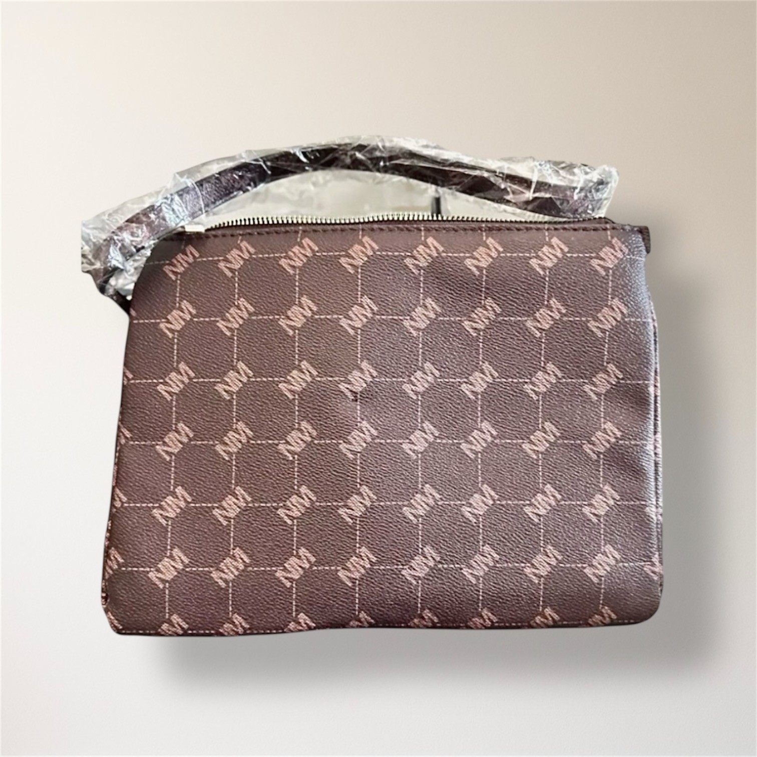 New Nicole Miller New York Brown Monogram Crossbody Bag Coin Purse Minimal Luxe