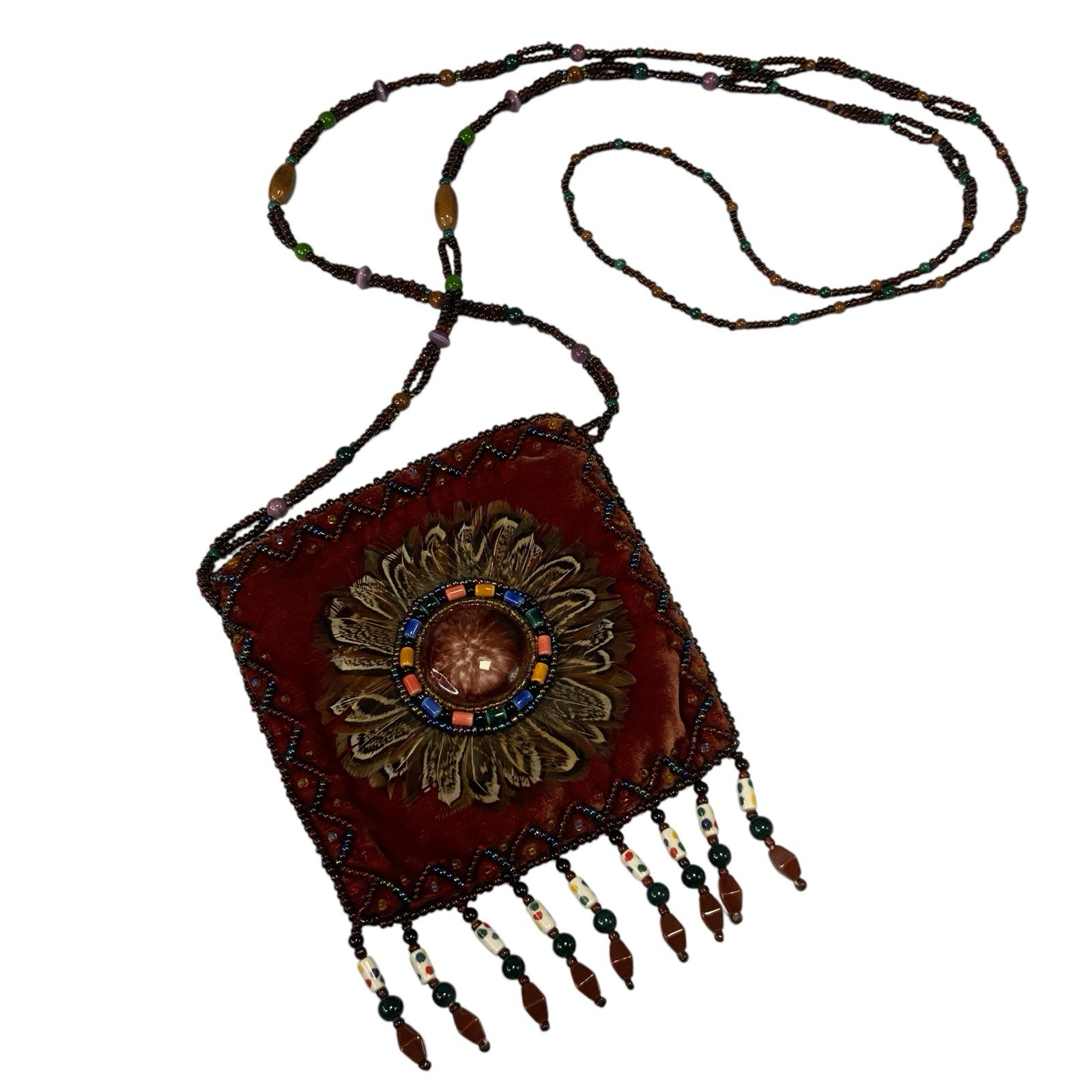 boho Crossbody Bag Velvet Silk Beaded Feather Flower Trim Small 4.5in x 4.5in