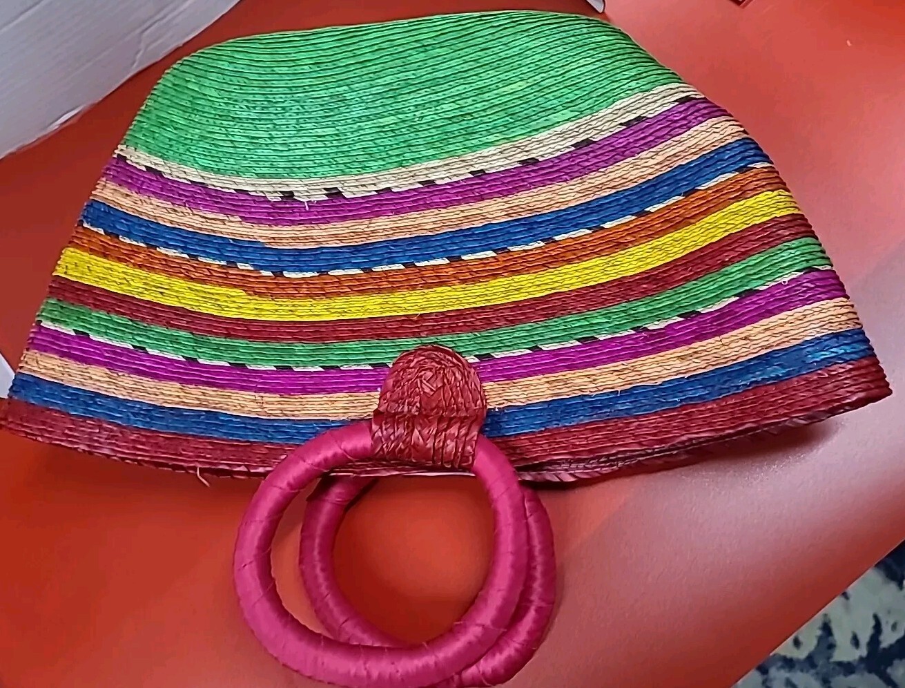 Vintage Tote Bag Straw Flowers Bolsa De Palma Hand Made Big Colorful 20×10×6″