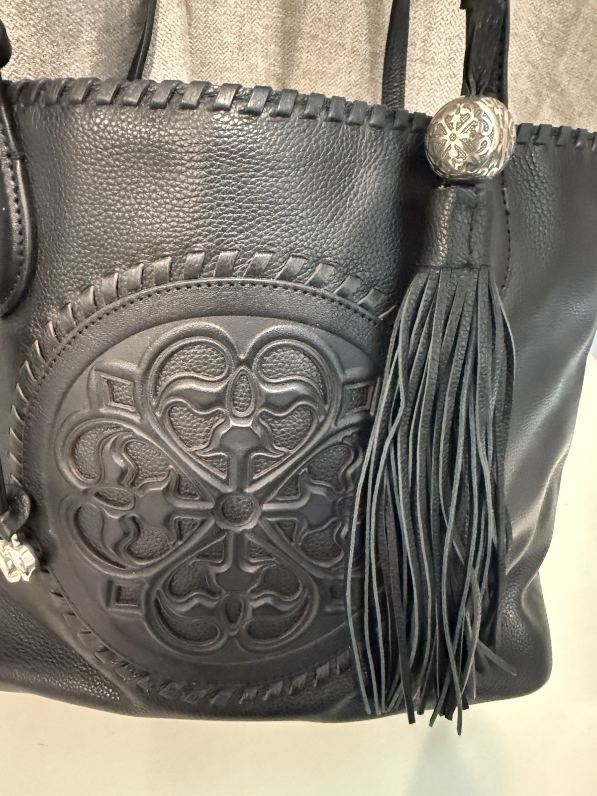 BRIGHTON FERRARA COLLECTION PEWTER GABRIELLA MEDALLION TASSELED TOTE PURSE