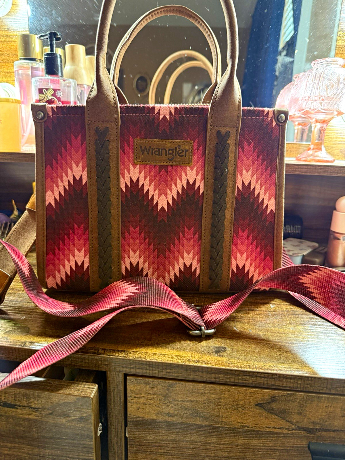 Wrangler Geometric Zip Top Tote Burgundy Pink Brown Detachable Strap Pockets