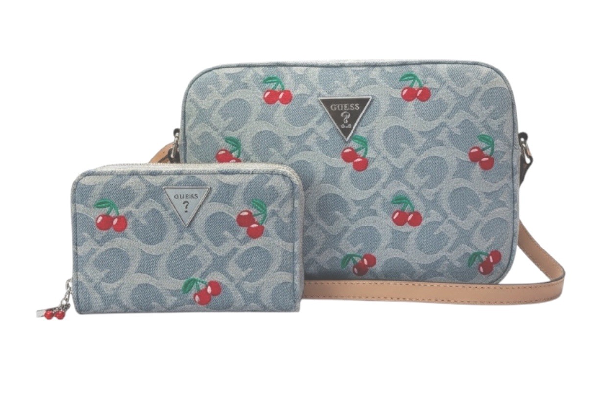 GUESS Women’s Denim BLue Cherry Print Crossbody Bag & Matching Zip Wallet Set