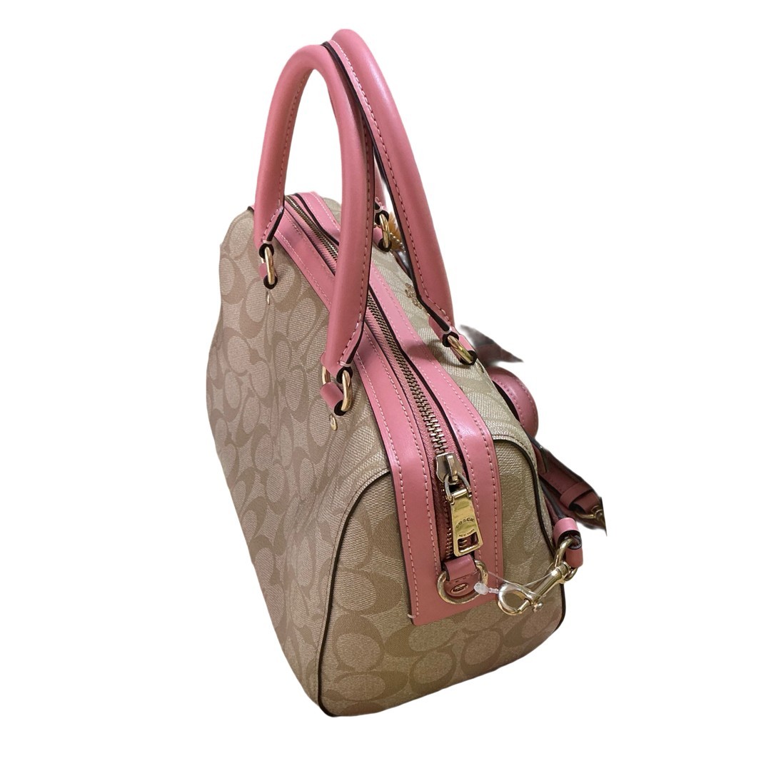 Coach Signature Canvas Boston Bag Pink Leather Trim Crossbody 83607
