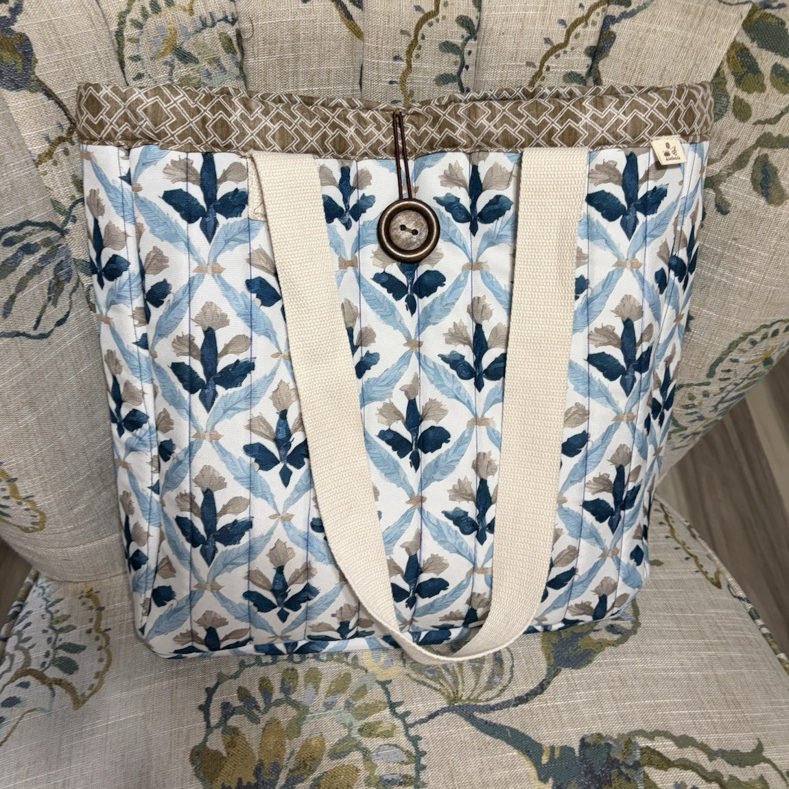 Handcrafted Large Blue, White & Beige Floral Tote Bag for Women, Shoulder Straps
