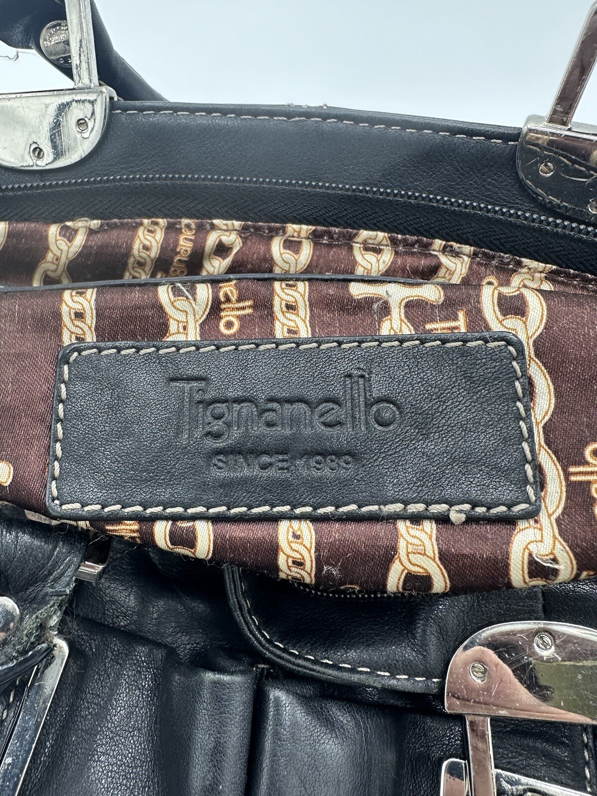 Tignanello Black Pebbled Leather Multi-Pocket Organizer Double Handle Bag Purse