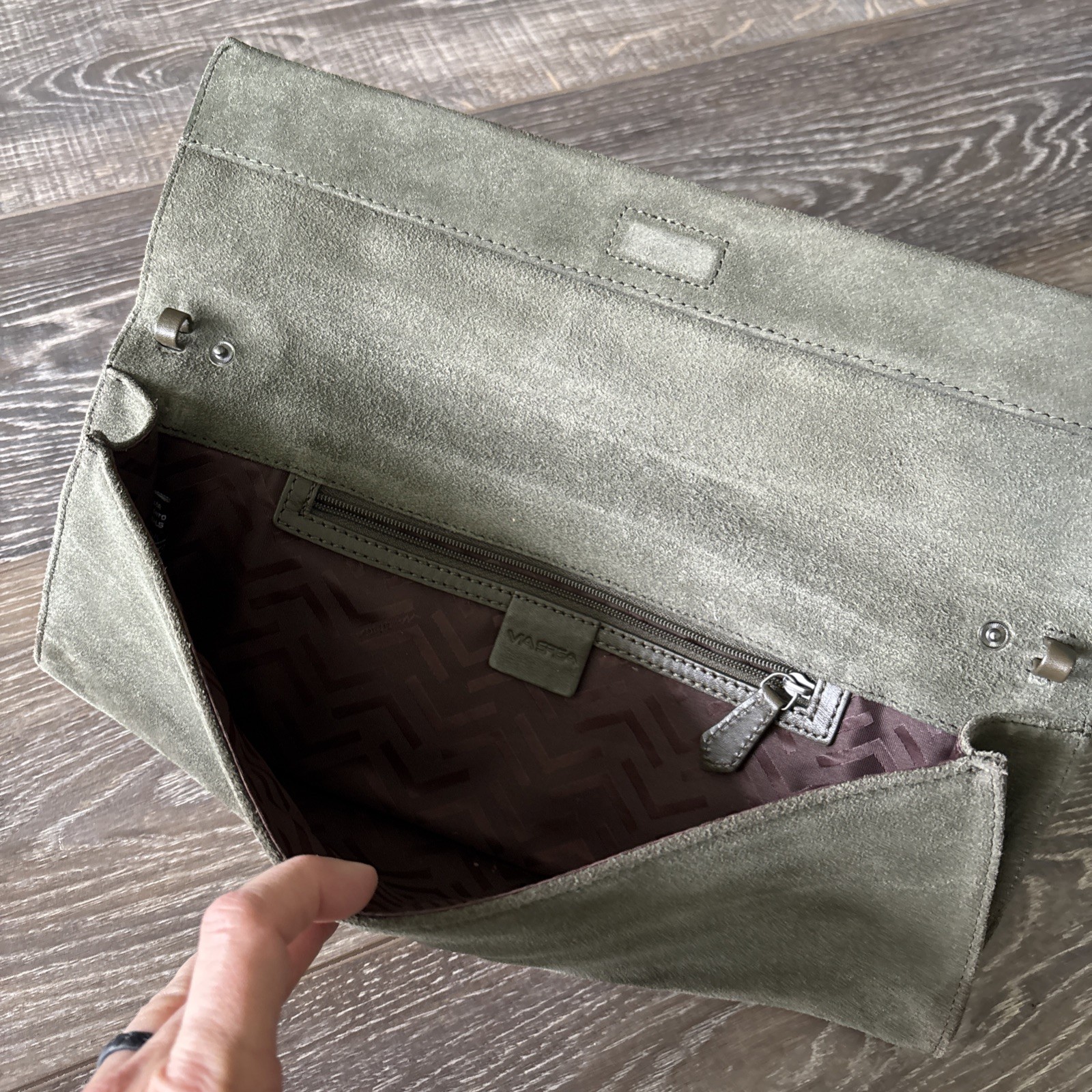 NWOT Via Spiga Olive Suede Clutch Bag Shoulder Strap 13×5 In