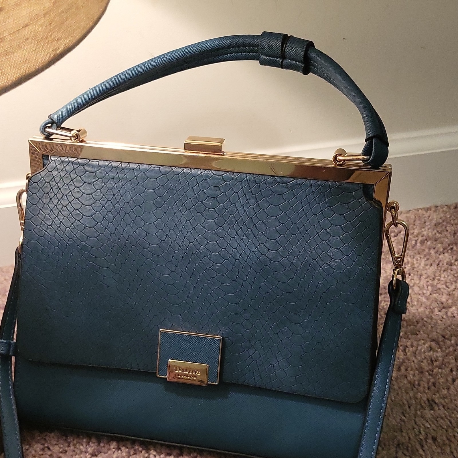 Dune London Blue Textured Satchel Gold Hardware Detachable Strap Top Handle