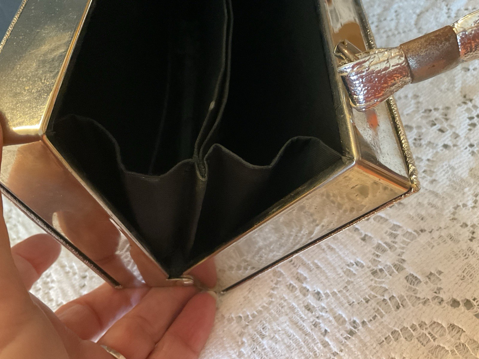 Vintage 60s Silver Metal Metallic Faux Leather Box Clutch Purse Single Handle