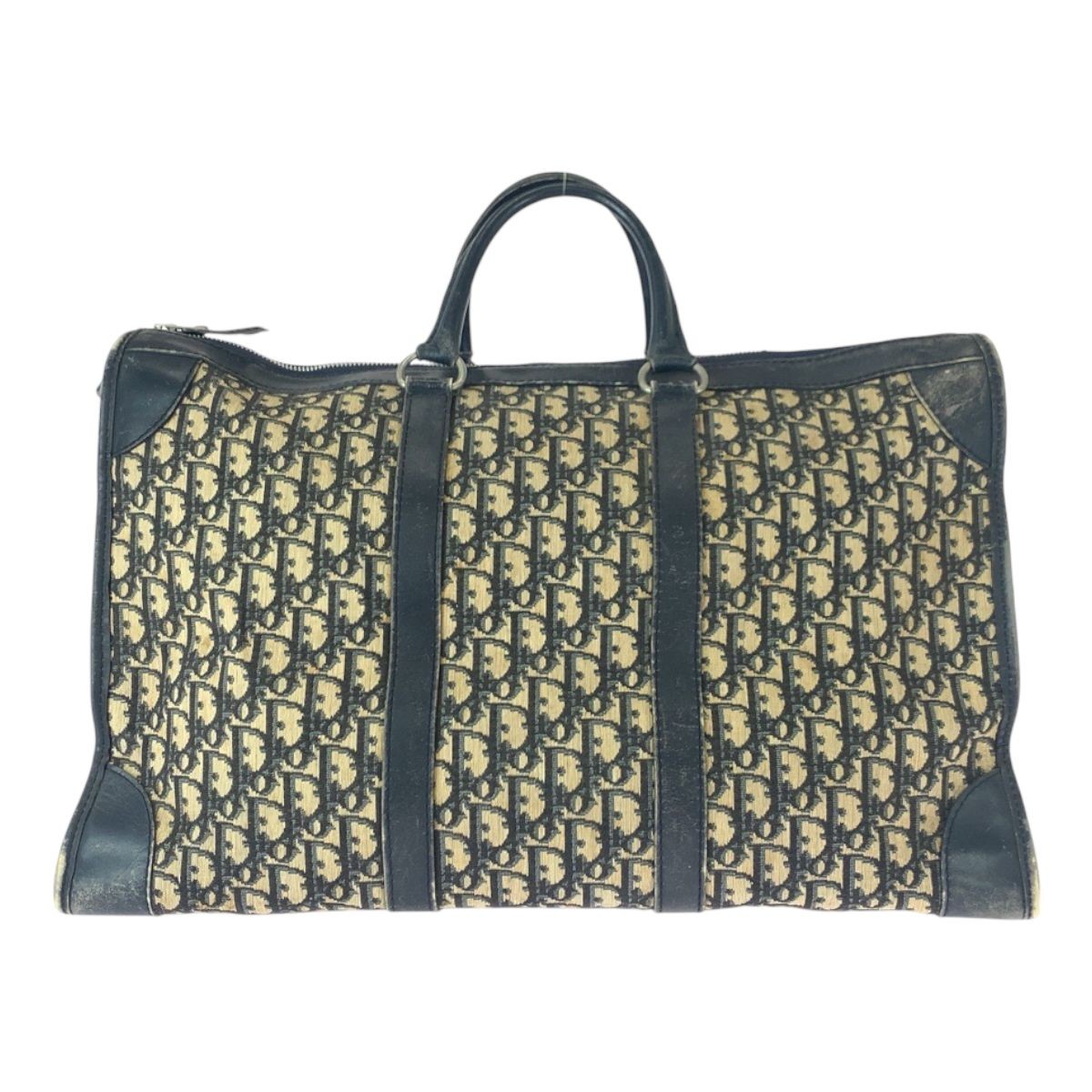 Christian Dior Trotter Navy Beige Silver Hardware Canvas Boston Bag Handbag Used