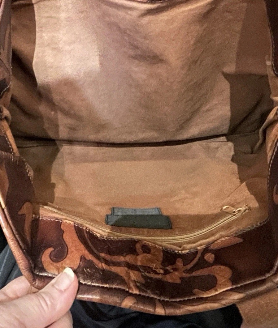 Falor Le Borse Leather Tote Tooled Embossed Brown Purse Bag Made in Italy 16×11