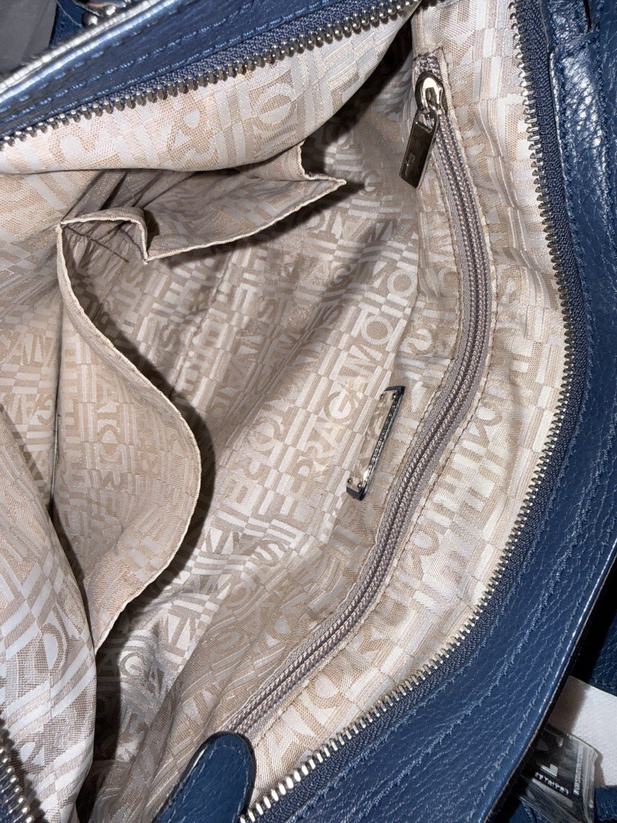 Salvatore Ferragamo Blue Pebbled Satchel Top Handle Zip Silver Hardware Buckle