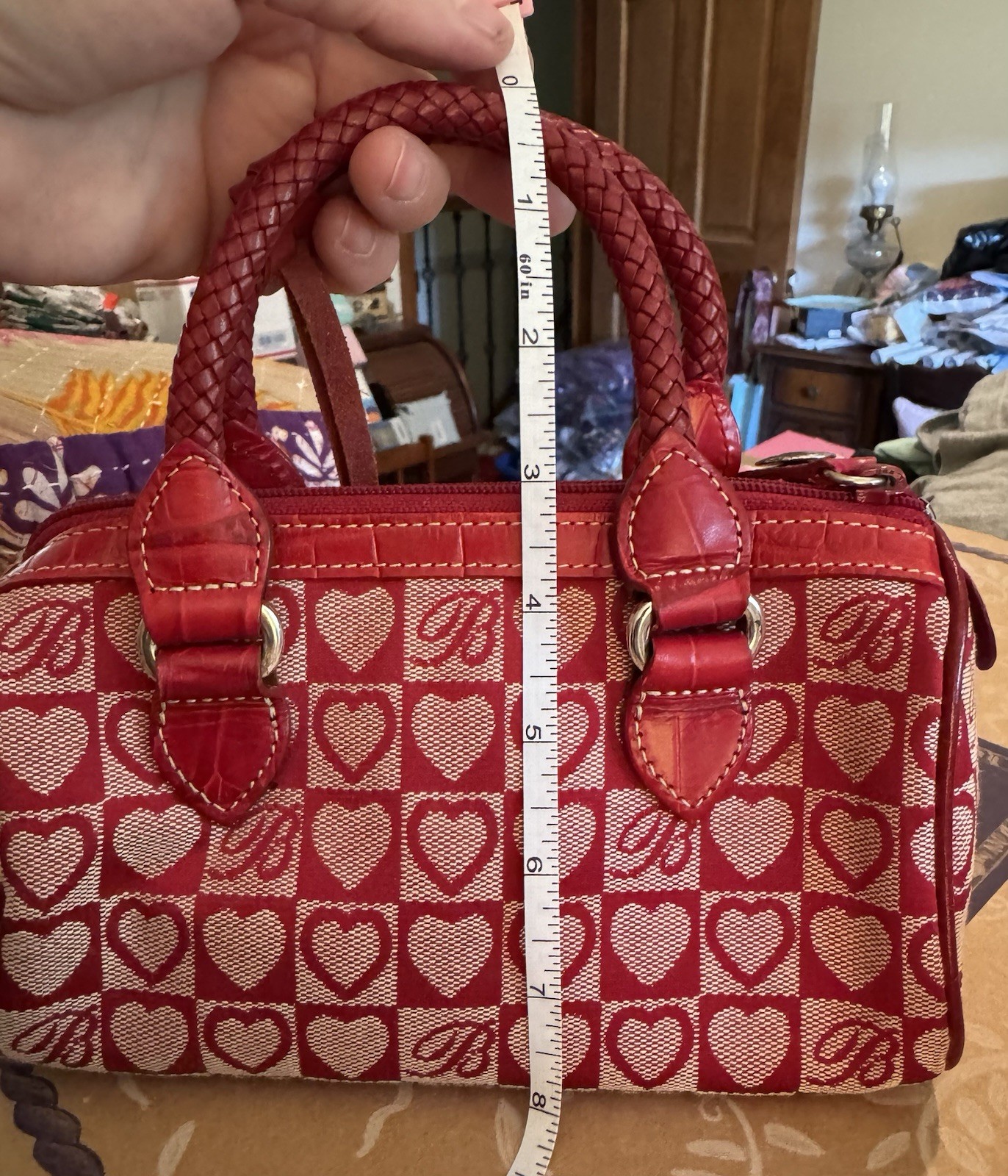 Brighton Red Heart Print Small Satchel Top Handles Zip Bag w/ Charm, Pockets