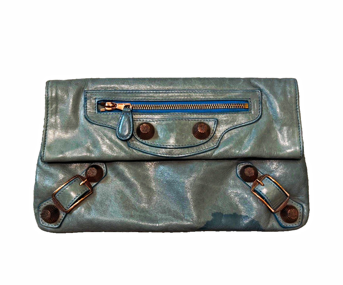 Balenciaga Blue Envelope Clutch Foldover Zip Pocket Magnetic Brass Buckle