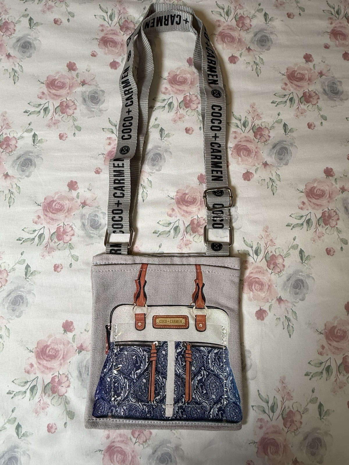 Coco+Carmen Canvas Crossbody Bag Tote Purse Blue Paisley Print 6×7”