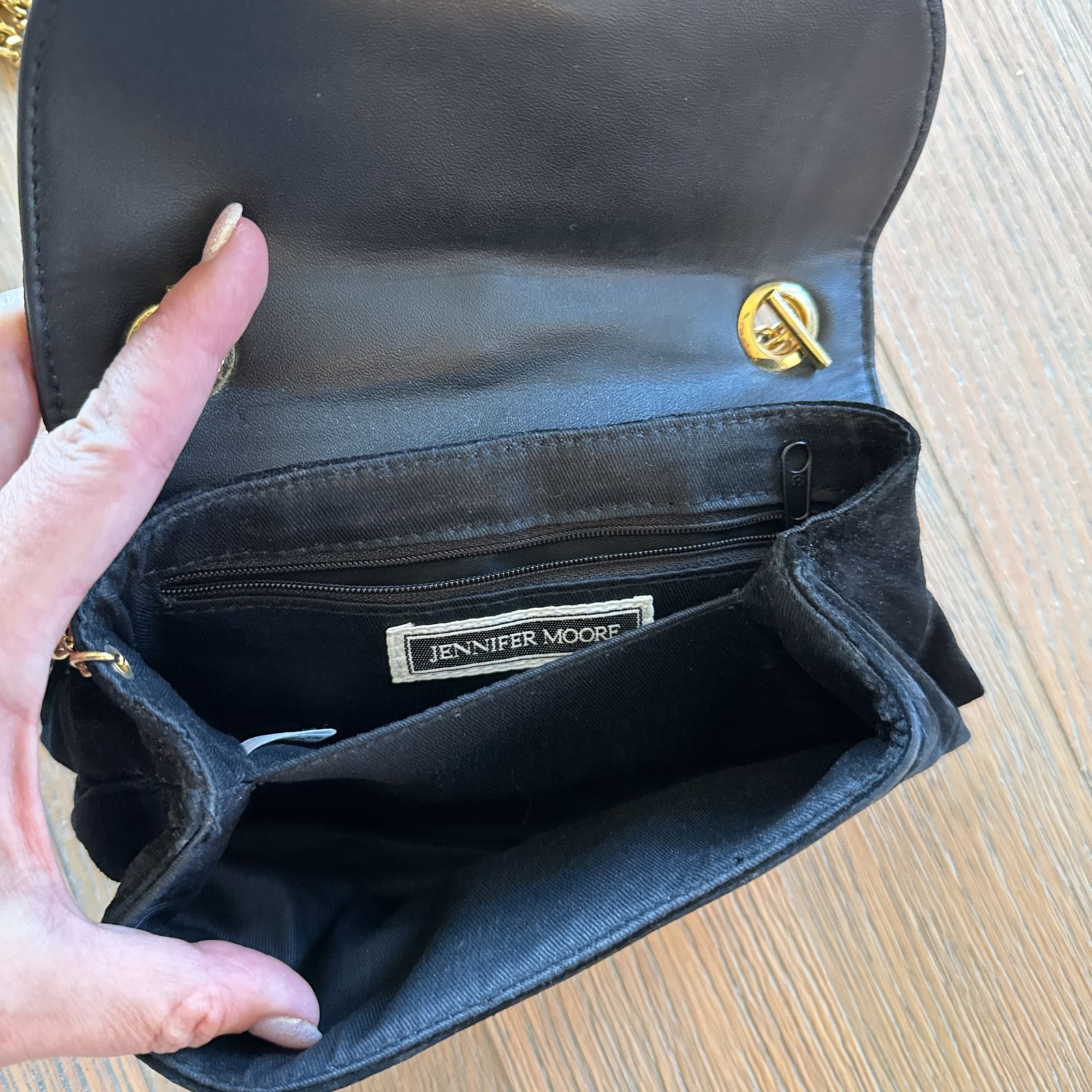 Jennifer Moore Black Velour Purse, Shoulder Bag with Gold Strap