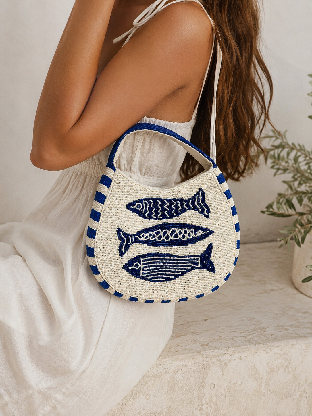 Lulu White Blue Beaded Fish Shoulder Bag Coastal Beach Purse beaded embroidery