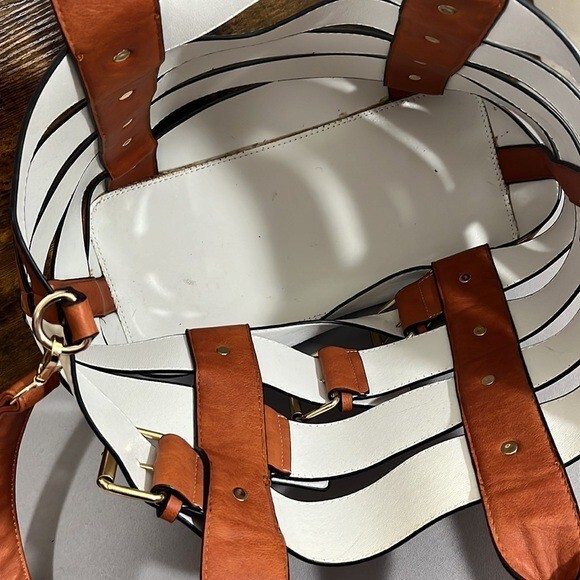 Yes Darling Boutique Tote with Bucket Detail Brown White Faux Leather Floral