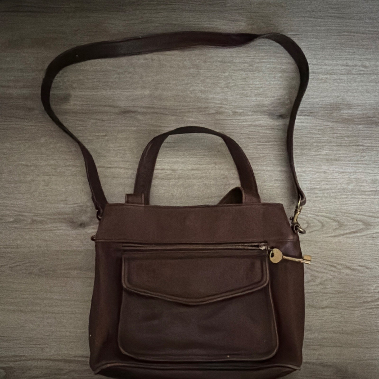Fossil Brown Satchel Top Handle Bag Key Charm Zip Adjustable Strap Pockets