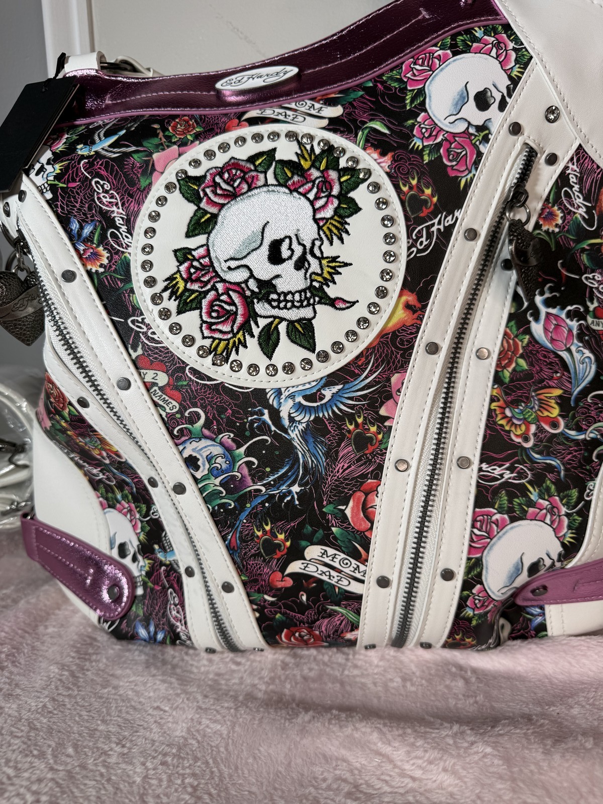 Ed Hardy white leather hobo bag tattoo print