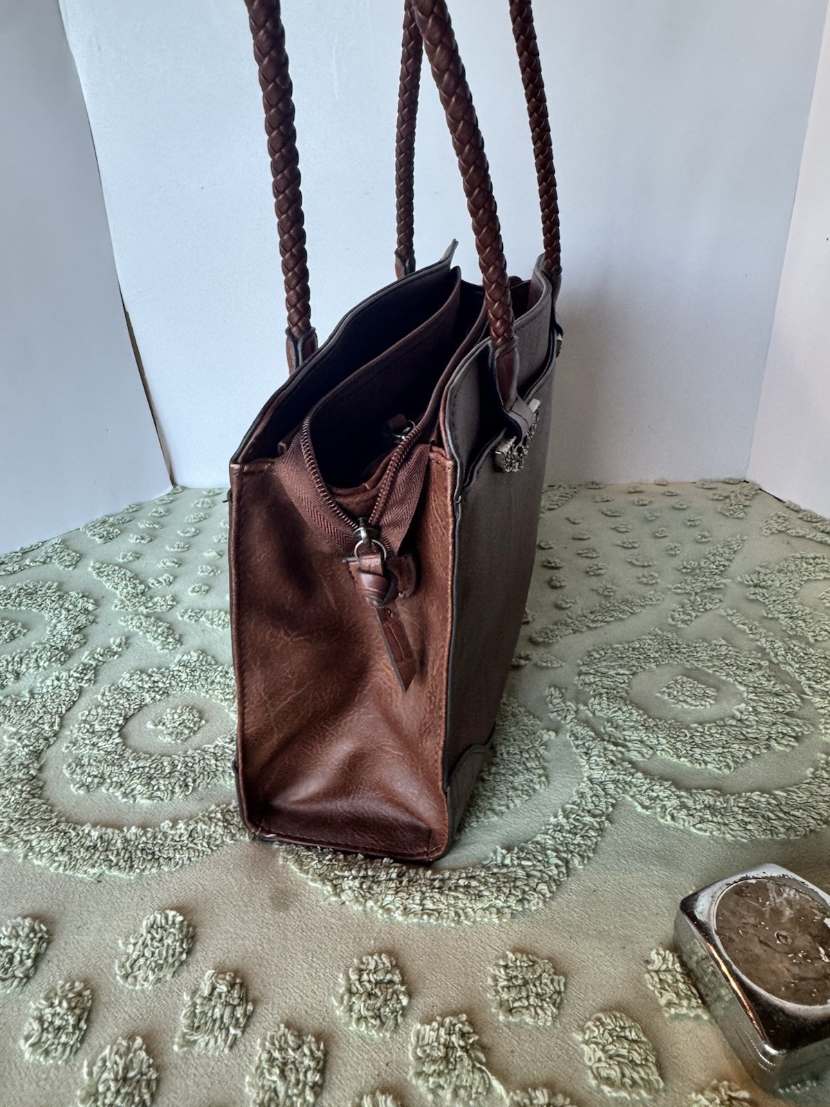 Bueno Satchel Bag Womens Medium Brown Faux Leather Braided Western Handbag Purse