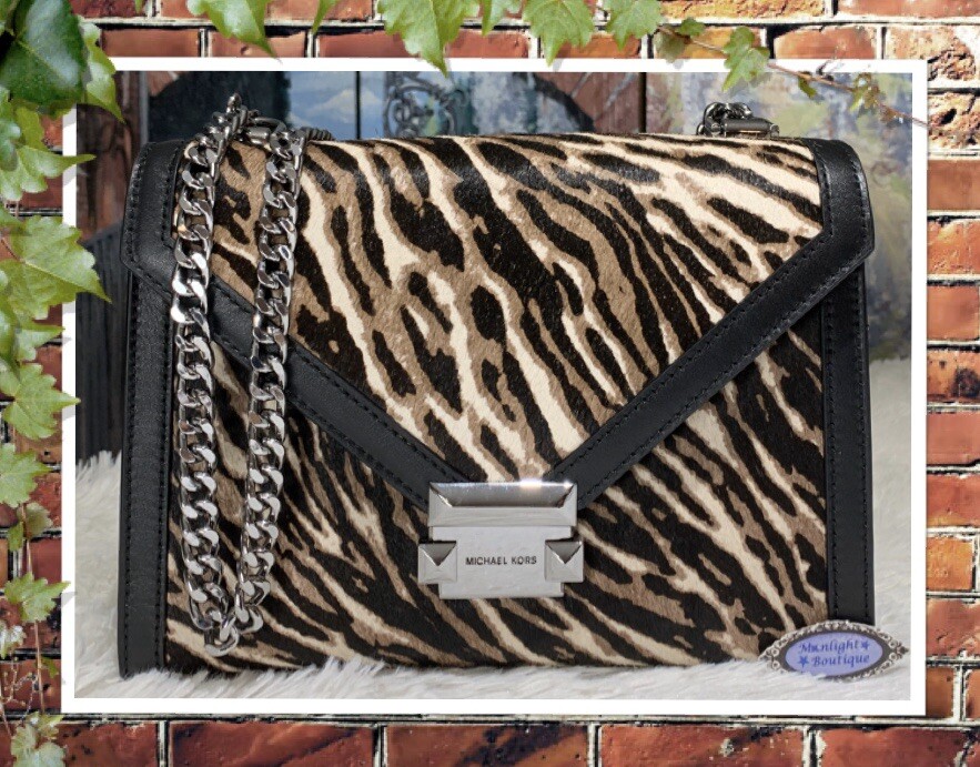 MICHAEL KORS WHITNEY LARGE Satchel In GUNMETAL ANIMAL Print HAIRCALF & Leather