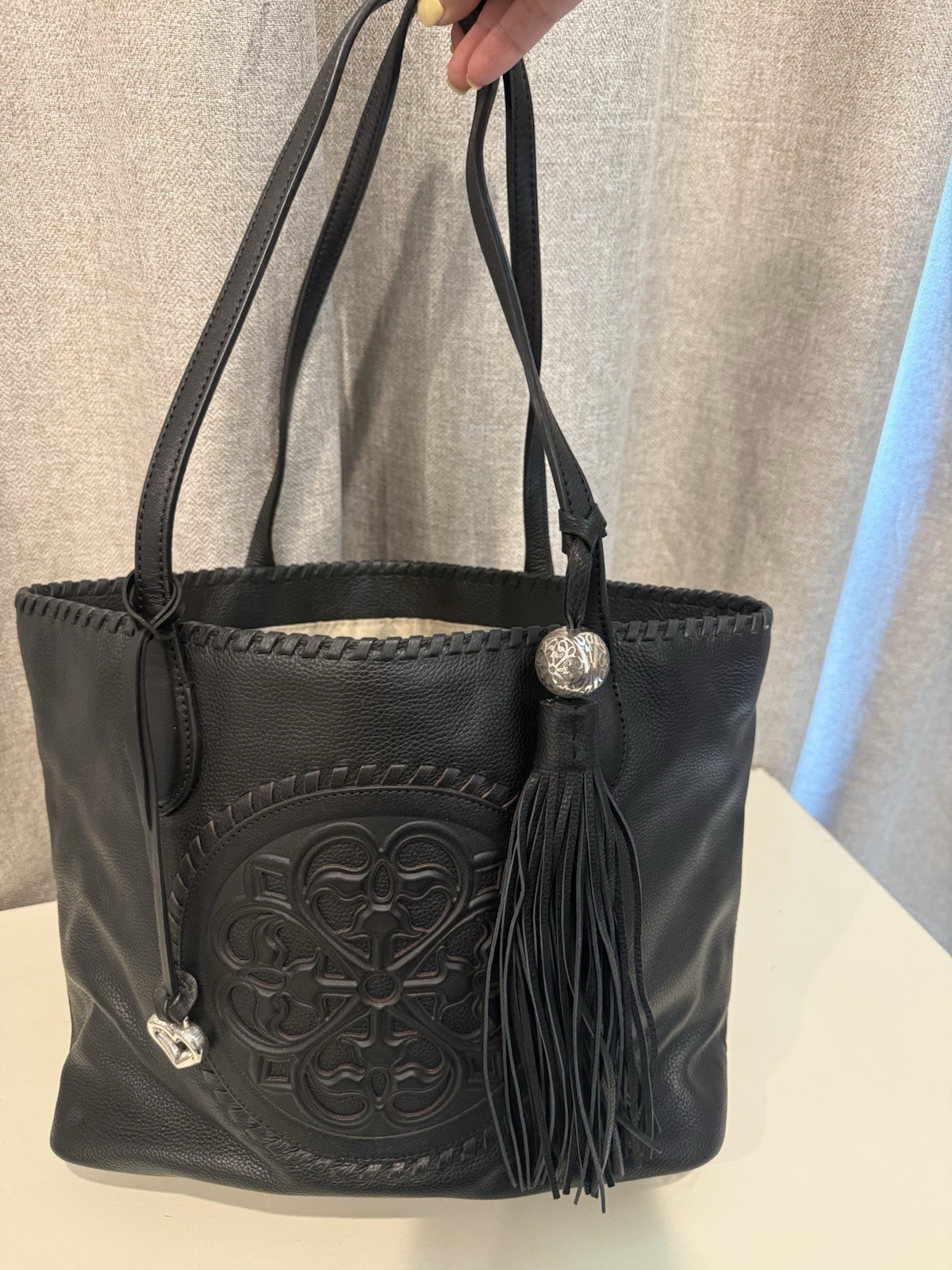 BRIGHTON FERRARA COLLECTION PEWTER GABRIELLA MEDALLION TASSELED TOTE PURSE