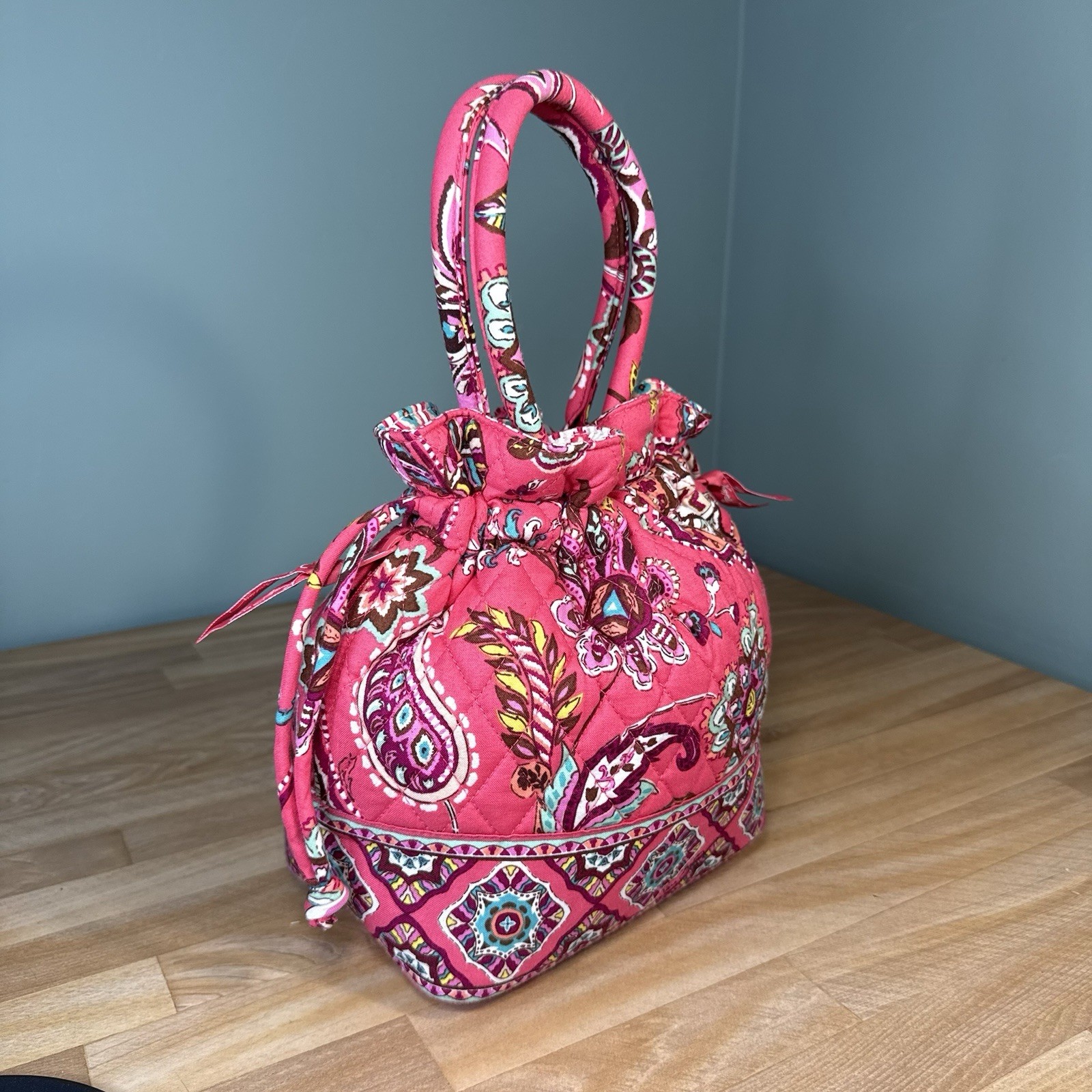 NWOT Vera Bradley Emma Bucket Drawstring Bag CALL ME CORAL Pink Paisley Retired