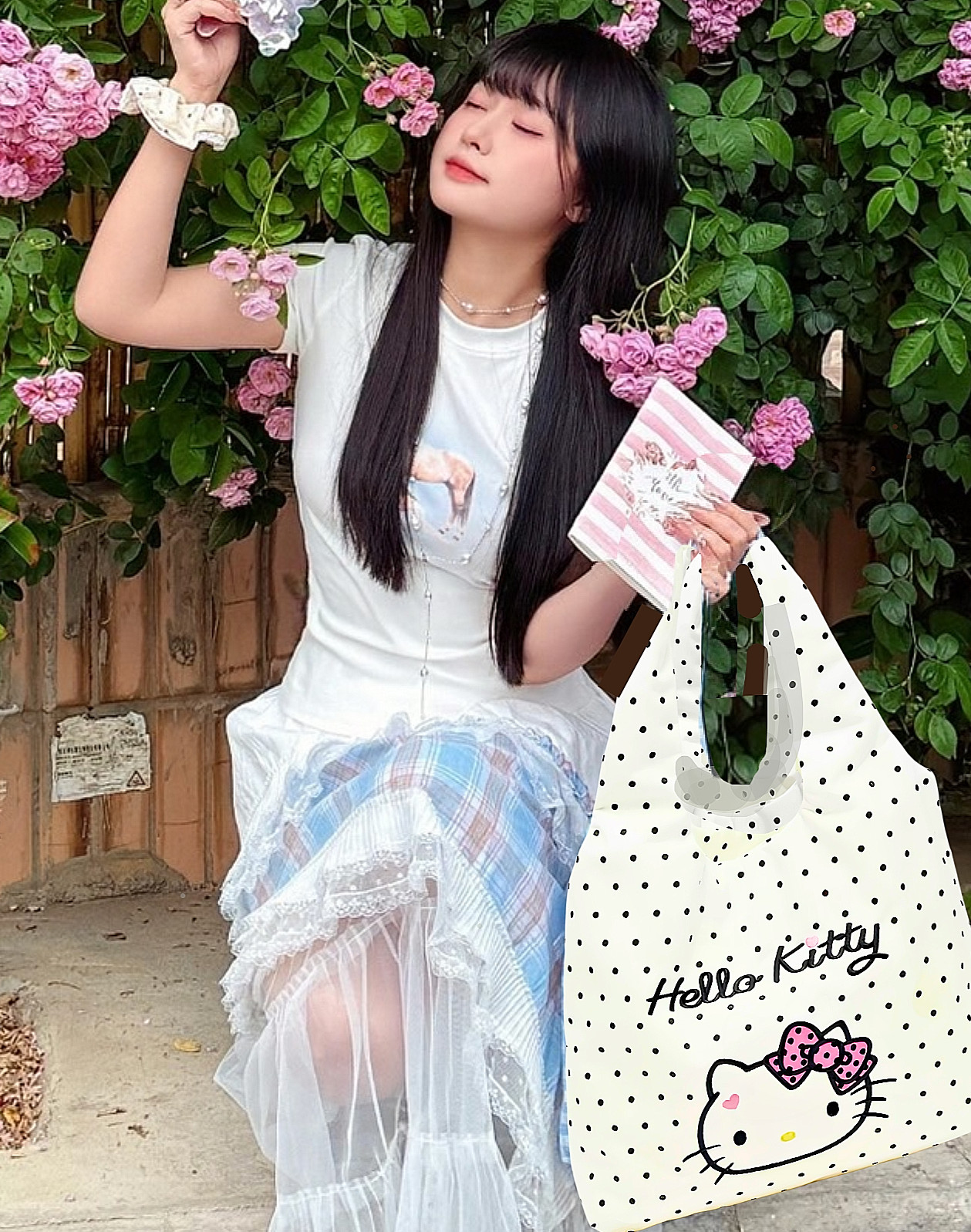 Sanrio Hello Kitty Polka Dot Tote Bag Authentic Embroidered Face Shoulder Bag
