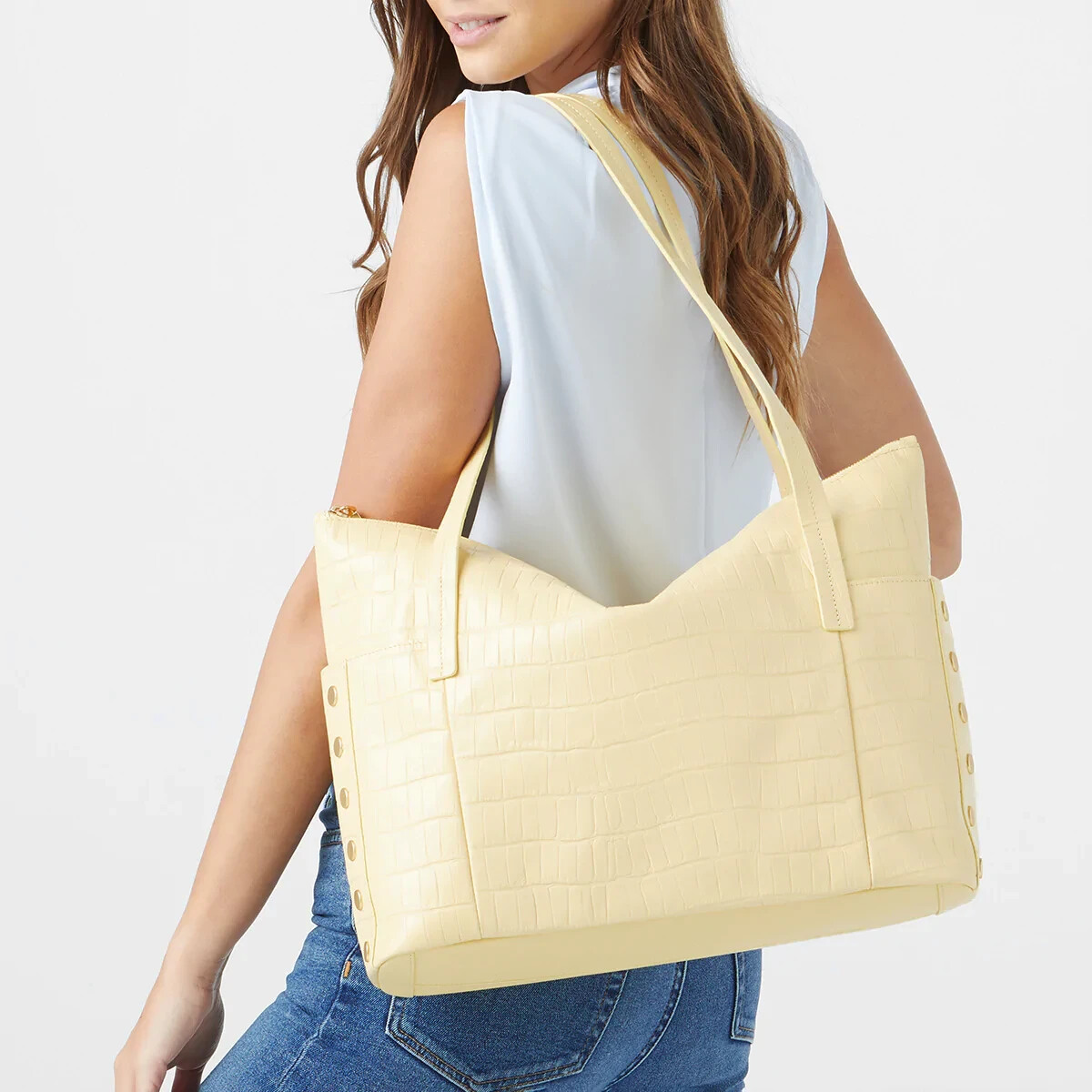 Hammitt Addie Large Zippered Leather Tote Sunstruck Yellow Crocco