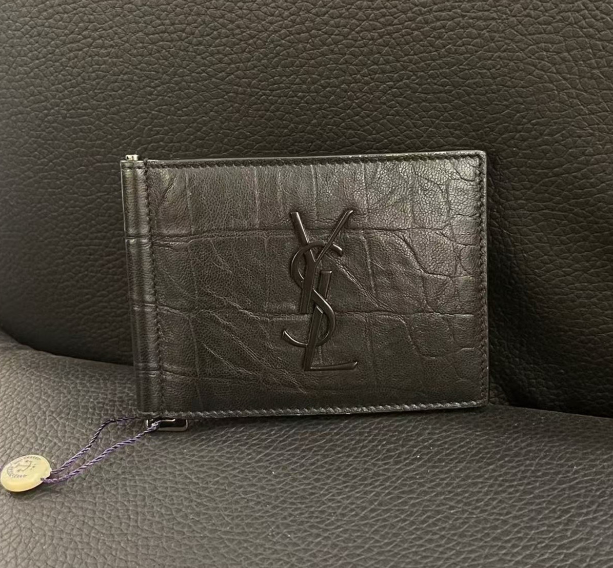 Yves Saint Laurent YSL Tiny Cassandre Black Croco-Embossed Leather Bill Clip