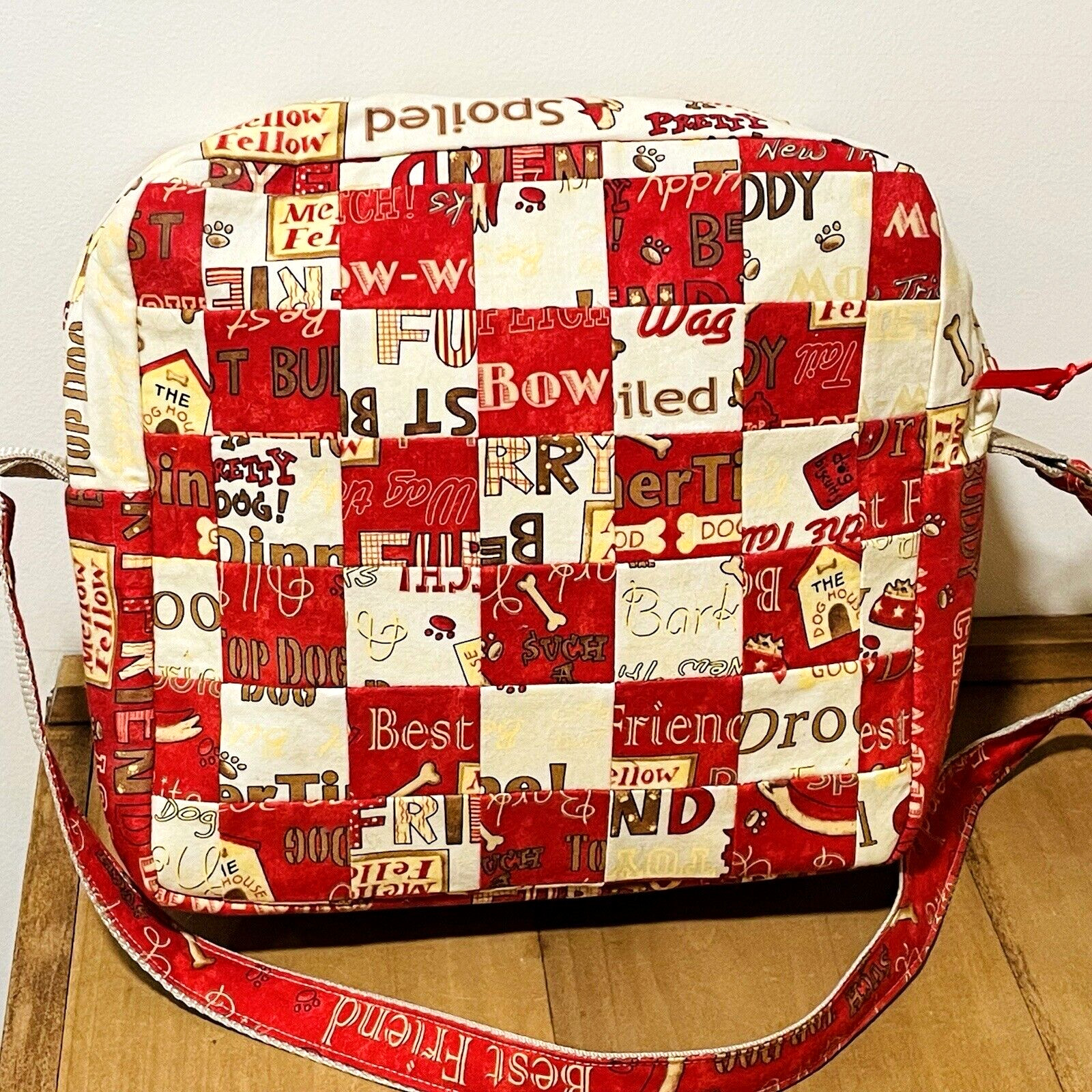 Crossbody Tote Bag Dog Pet Puppy Paw Handmade Cotton Fabric 10″ Red Yellow