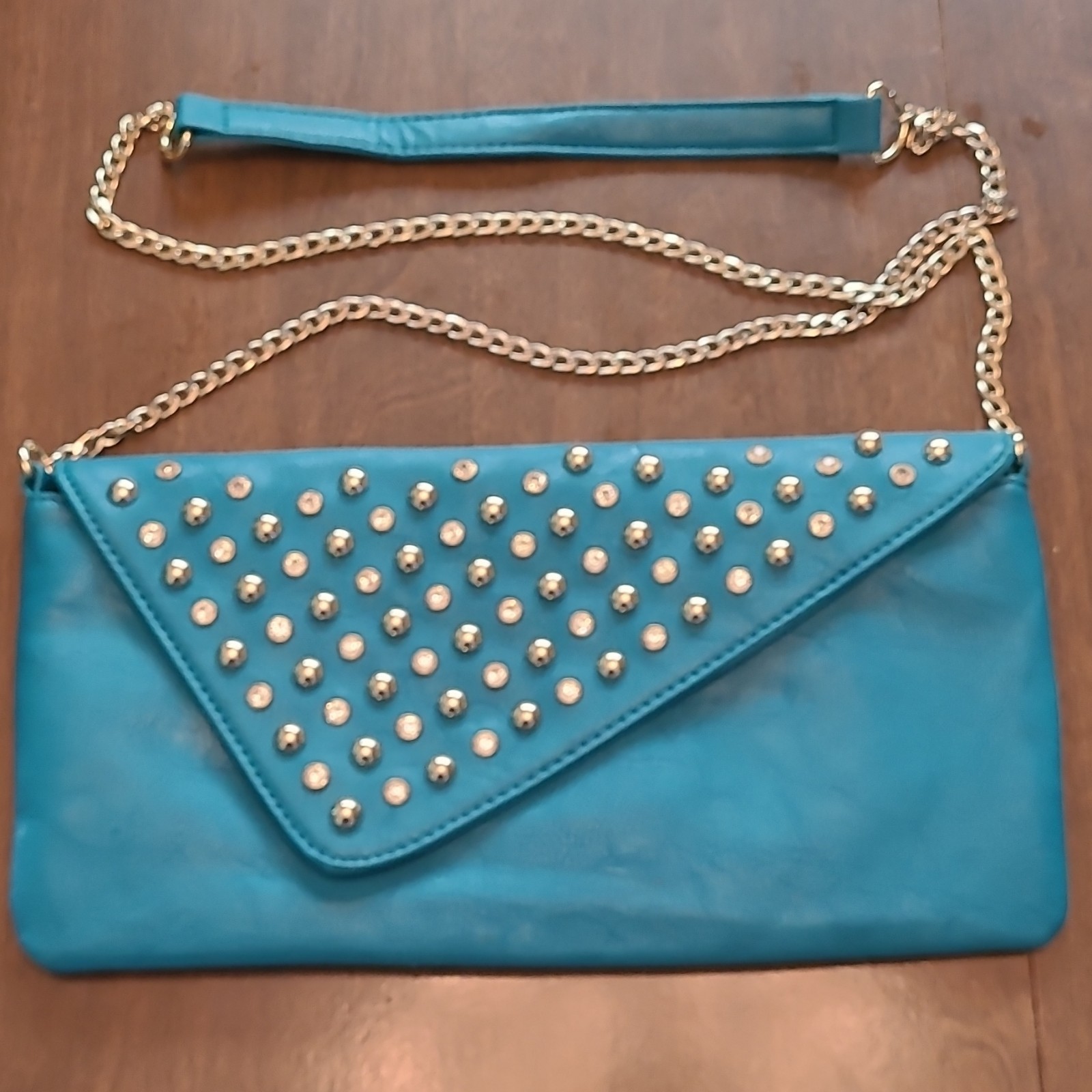 Charming Charlie Teal Studded Rhinestone Crossbody Clutch Gold Chain Zip