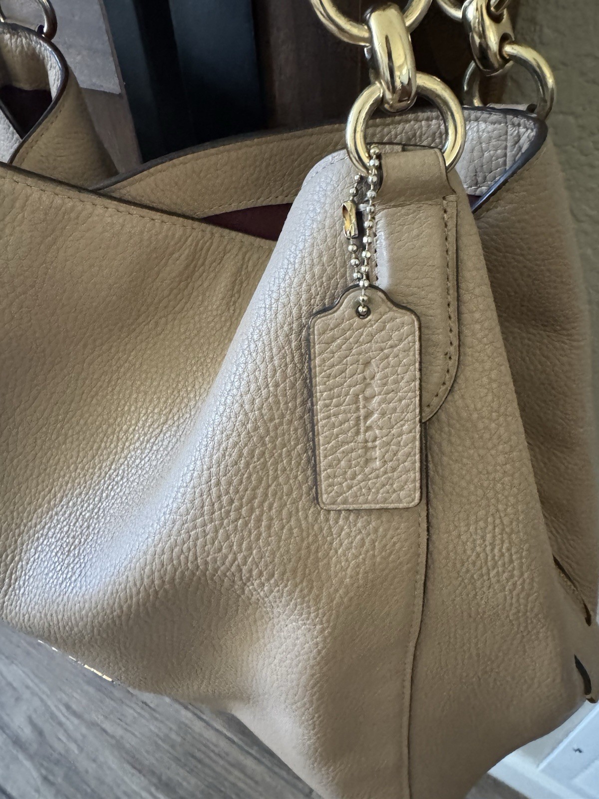 Coach Hallie 3 compartment shoulder bag taupe with burgundy color interior 80268