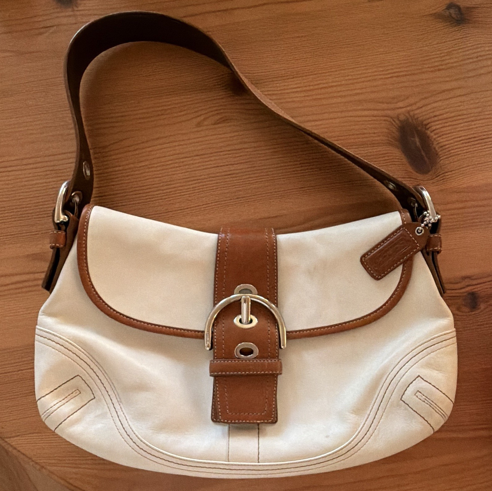 Coach Ivory/Brown Shoulder Bag, Silver Hardware, Buckle & Snap, Inner Pockets