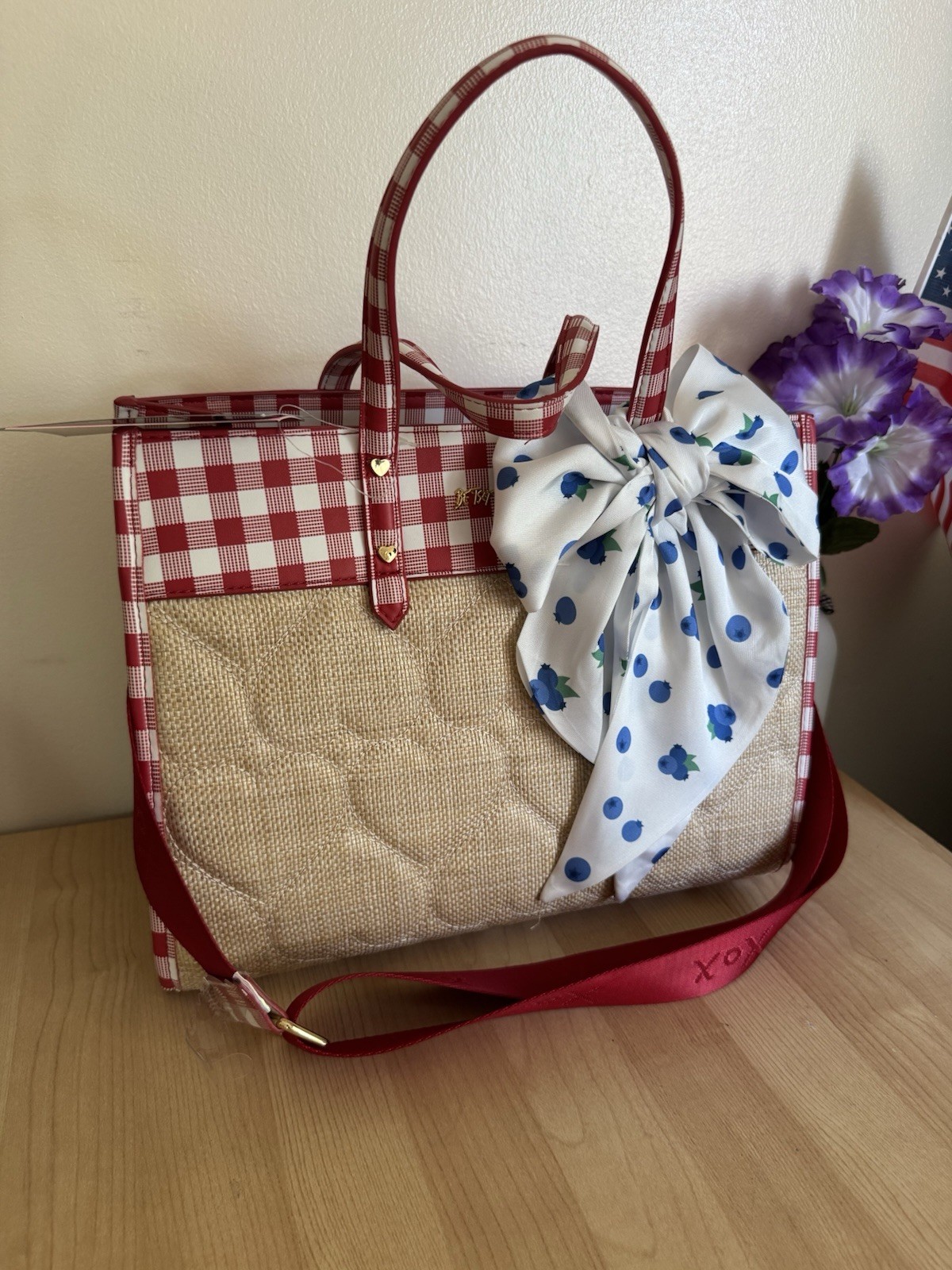Betsey Johnson Straw Red Gingham Hearts Tote Handbag XOBECA Blueberries Scarf