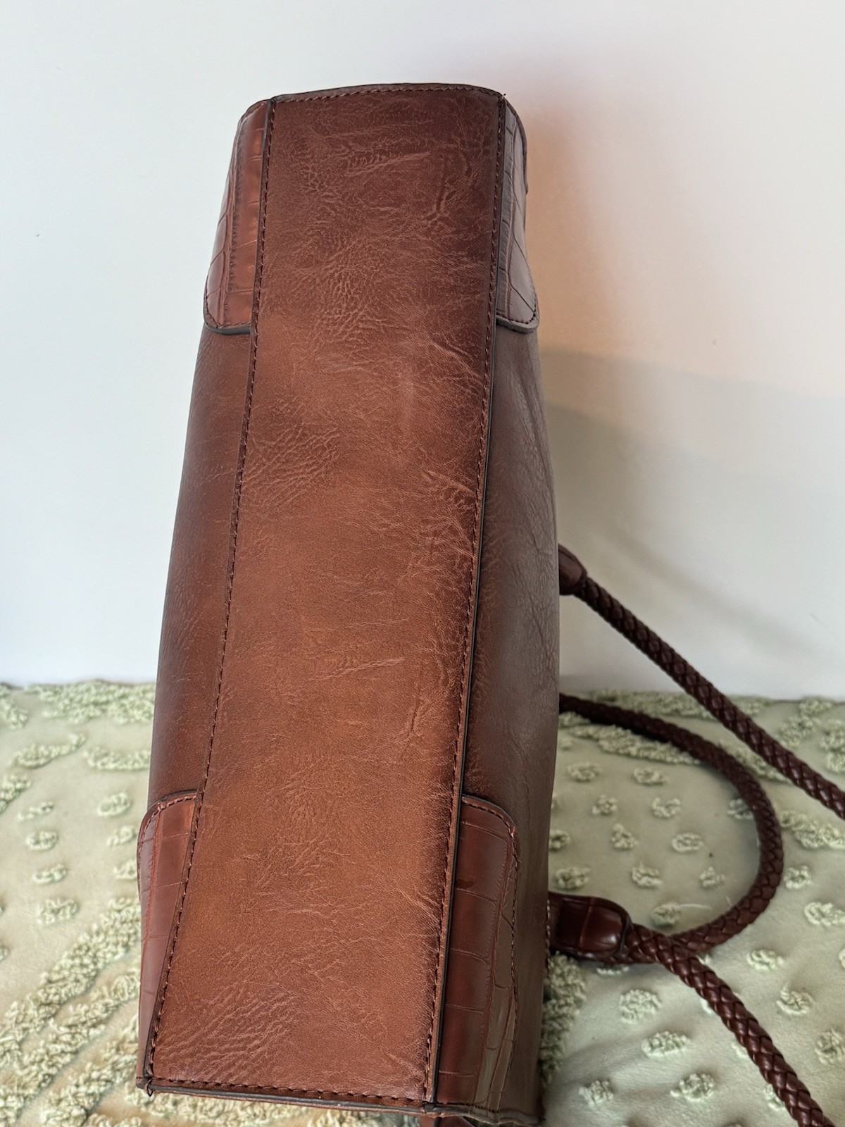 Bueno Satchel Bag Womens Medium Brown Faux Leather Braided Western Handbag Purse
