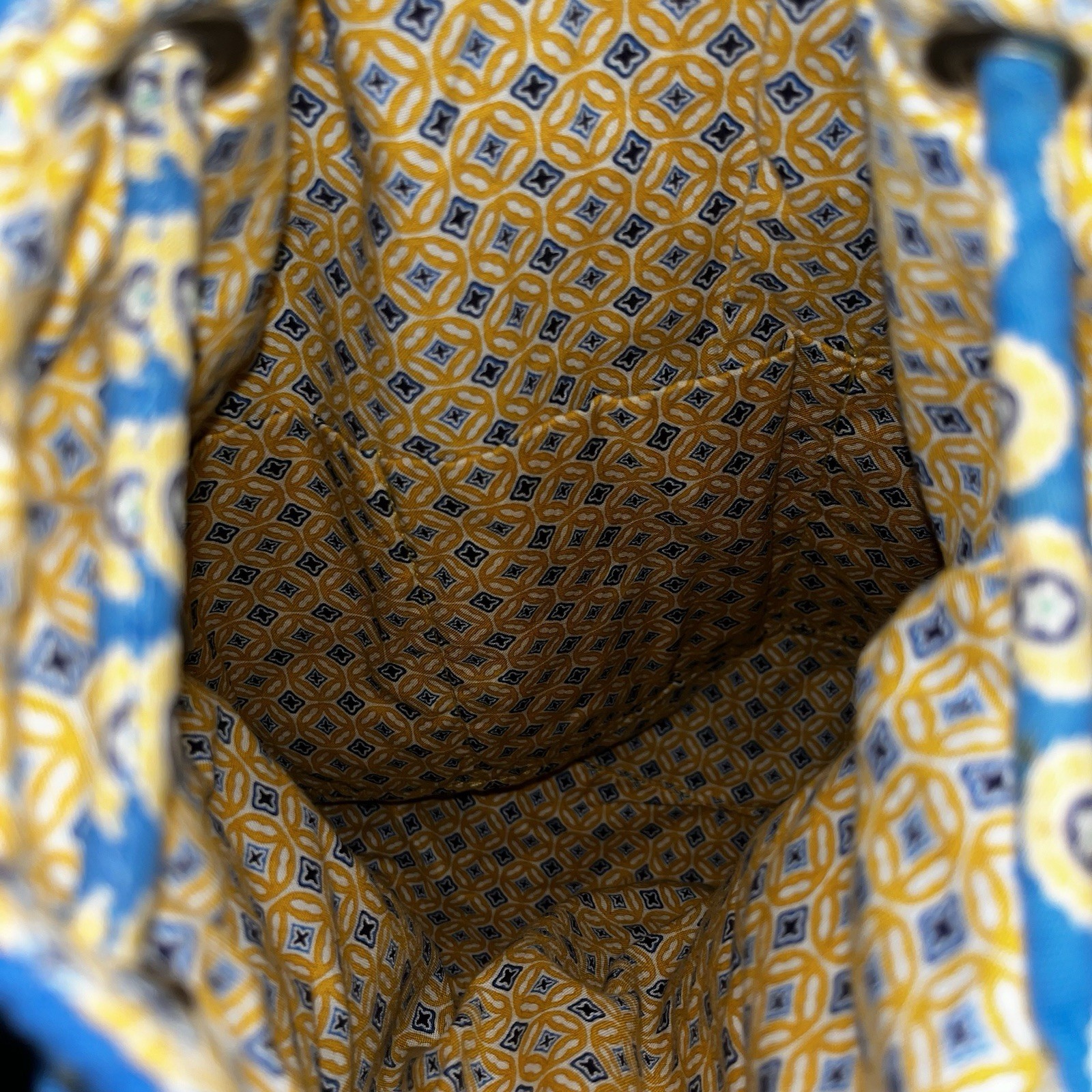 Vera Bradley Quilted Blue Yellow Geometric Design Sling Backpack