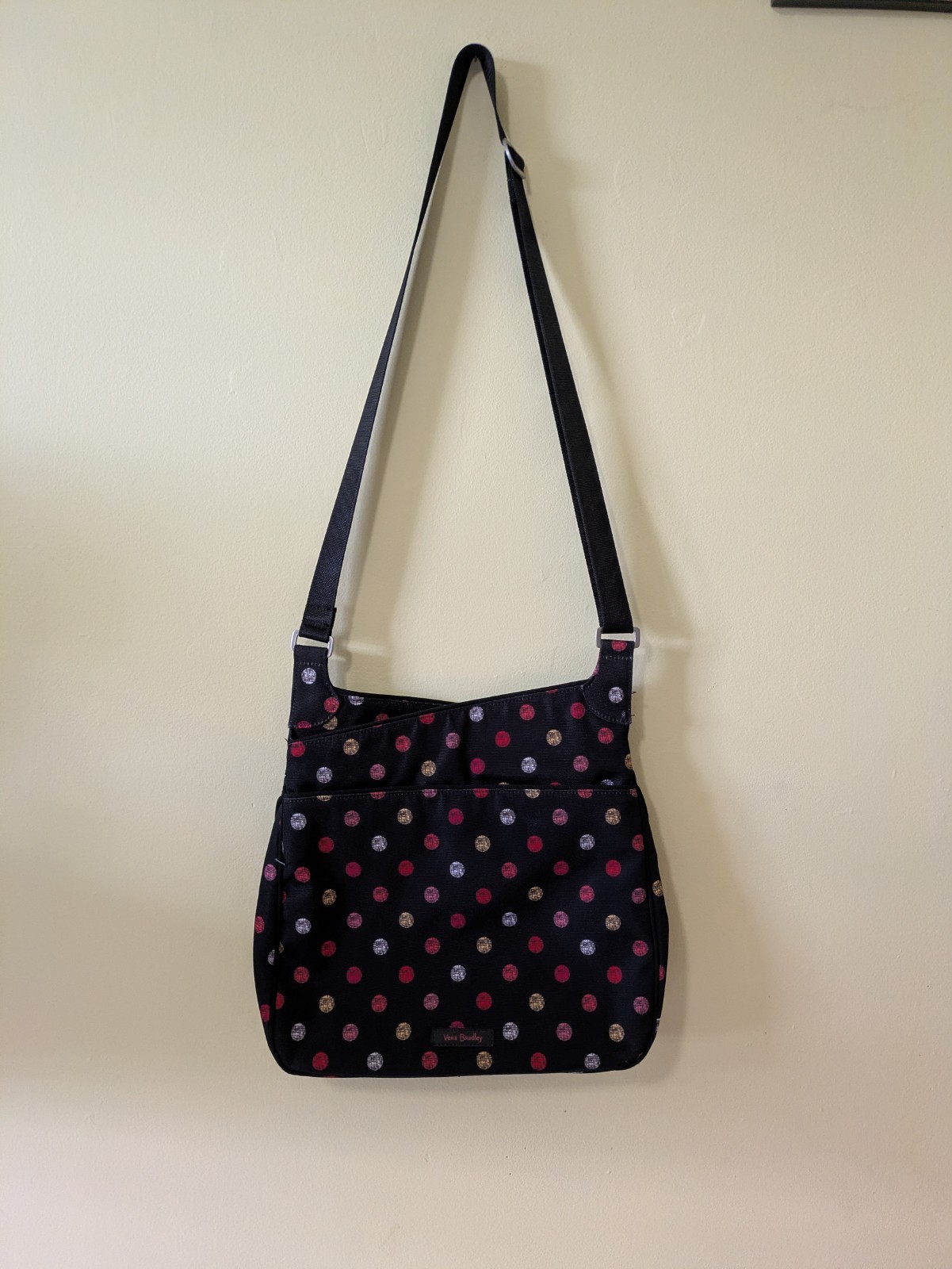 Vera Bradley Black Multicolor Polka Dot Crossbody Bag, Adjustable Strap Pockets