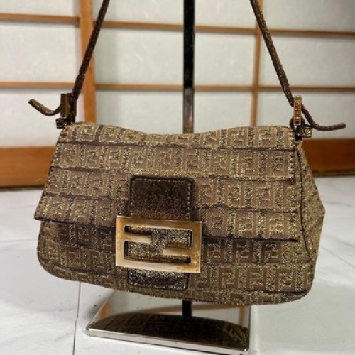 Fendi Mamma Bucket Zucchino Gold Lame Canvas Shoulder Bag Italy Pre-Owned