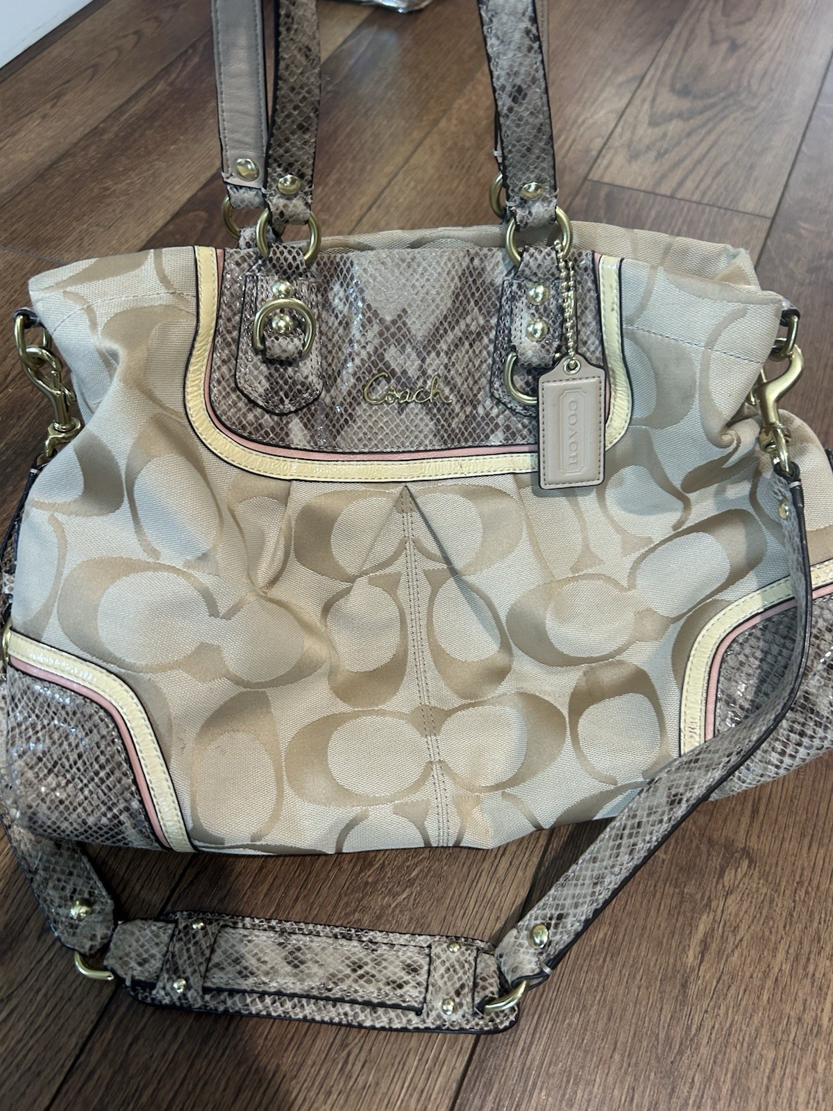 Coach Ashley Spectator Snakeskin Skin Bag With White And Pink Accents