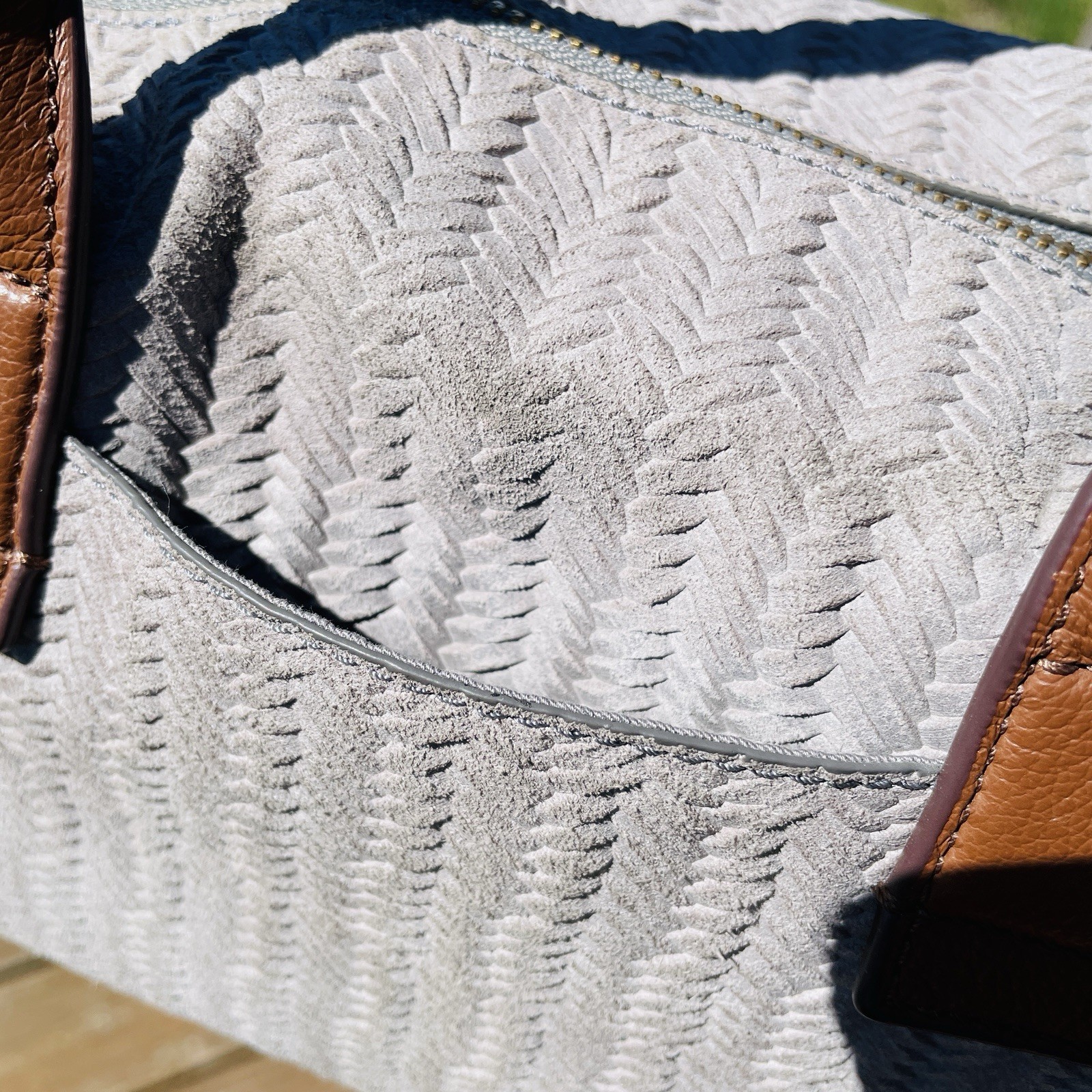Fossil Fiona Satchel Bag Doctor Western Woven Cowhide Leather Suede Light Grey
