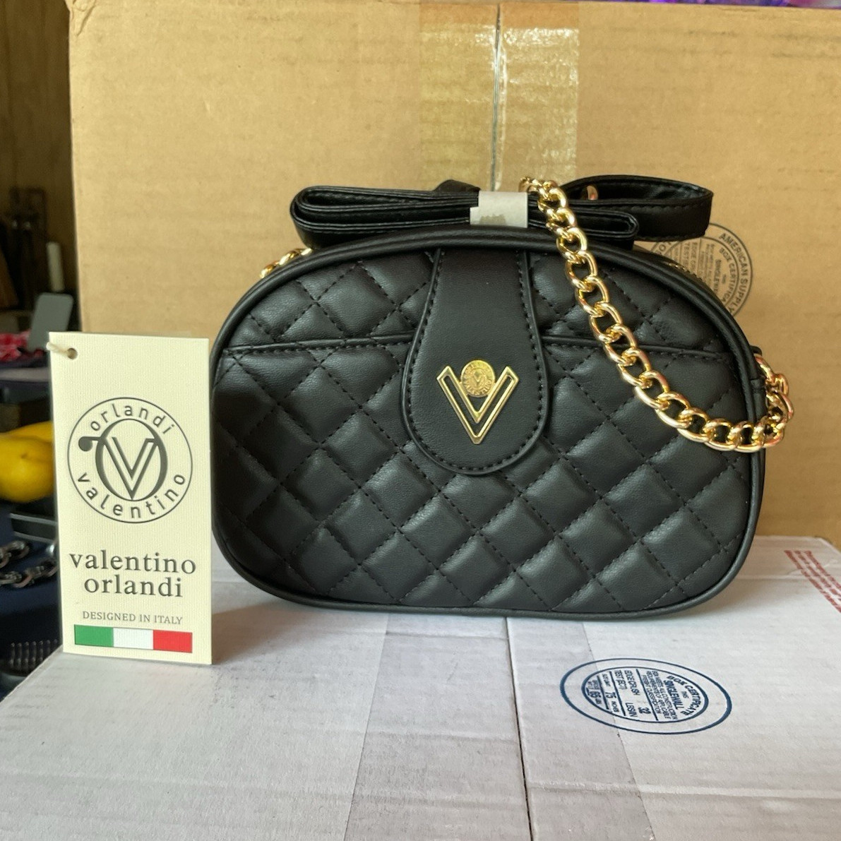 Valentino Orlandi Black Quilted Crossbody Bag Zip Detachable Gold Chain