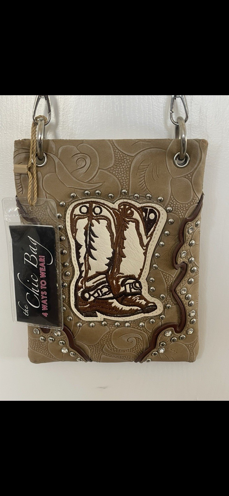 NWT Chic Bag Western Cowboy Boots Crossbody Purse Tan Studded 4 Ways To Wear