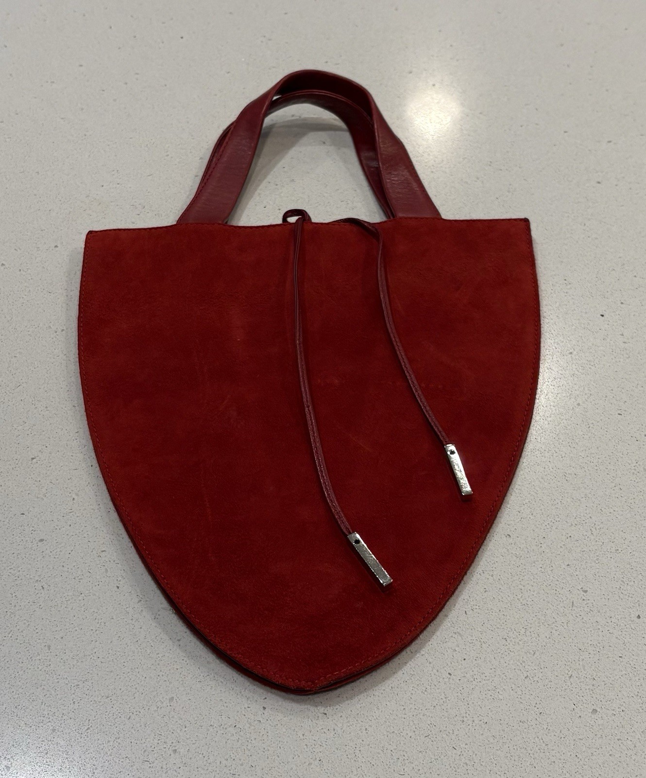 TUMI Red Suede Gusseted Mini Purse Small Tote Calfskin Leather Trim Satin Lined