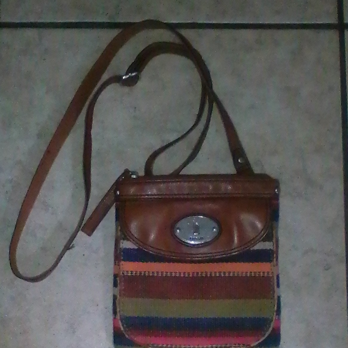 Fossil Multicolor Striped Crossbody Bag Zip Closure Adjustable Strap Silver