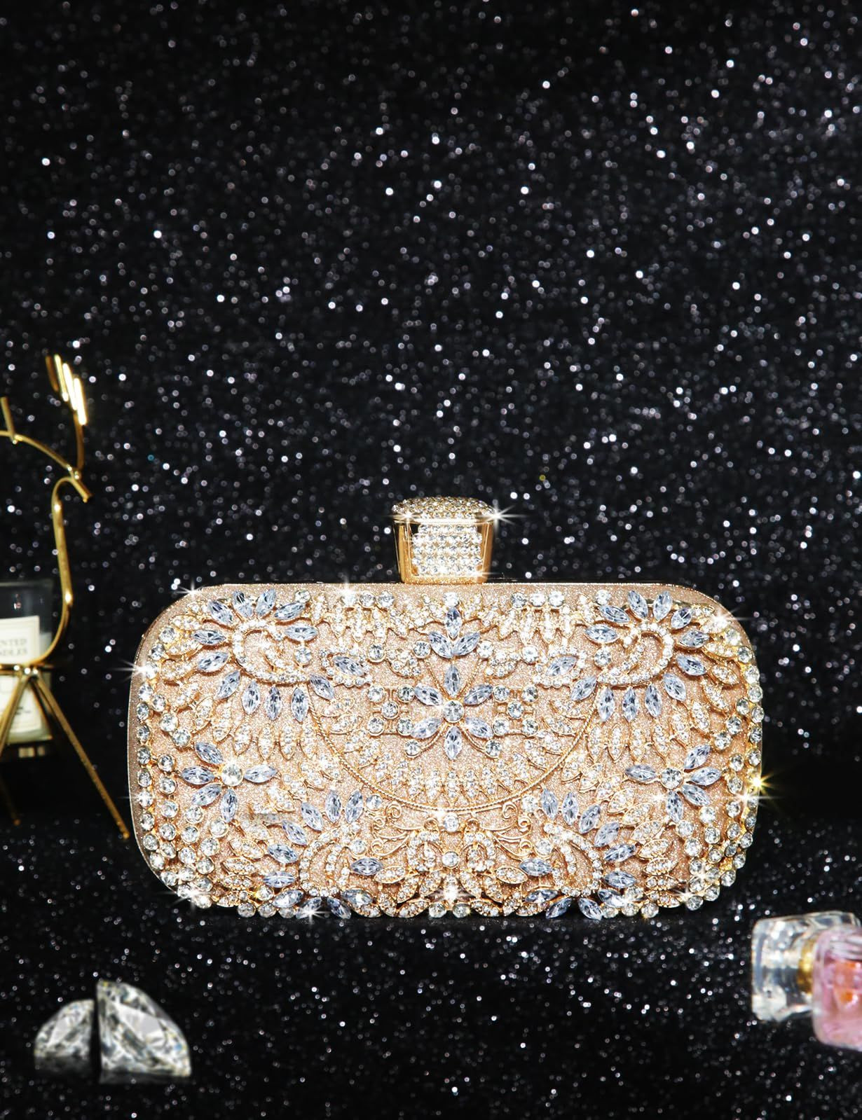 Covelin Women’s Rhinestone Decorated Evening Bag, Tote Medium, Champagne