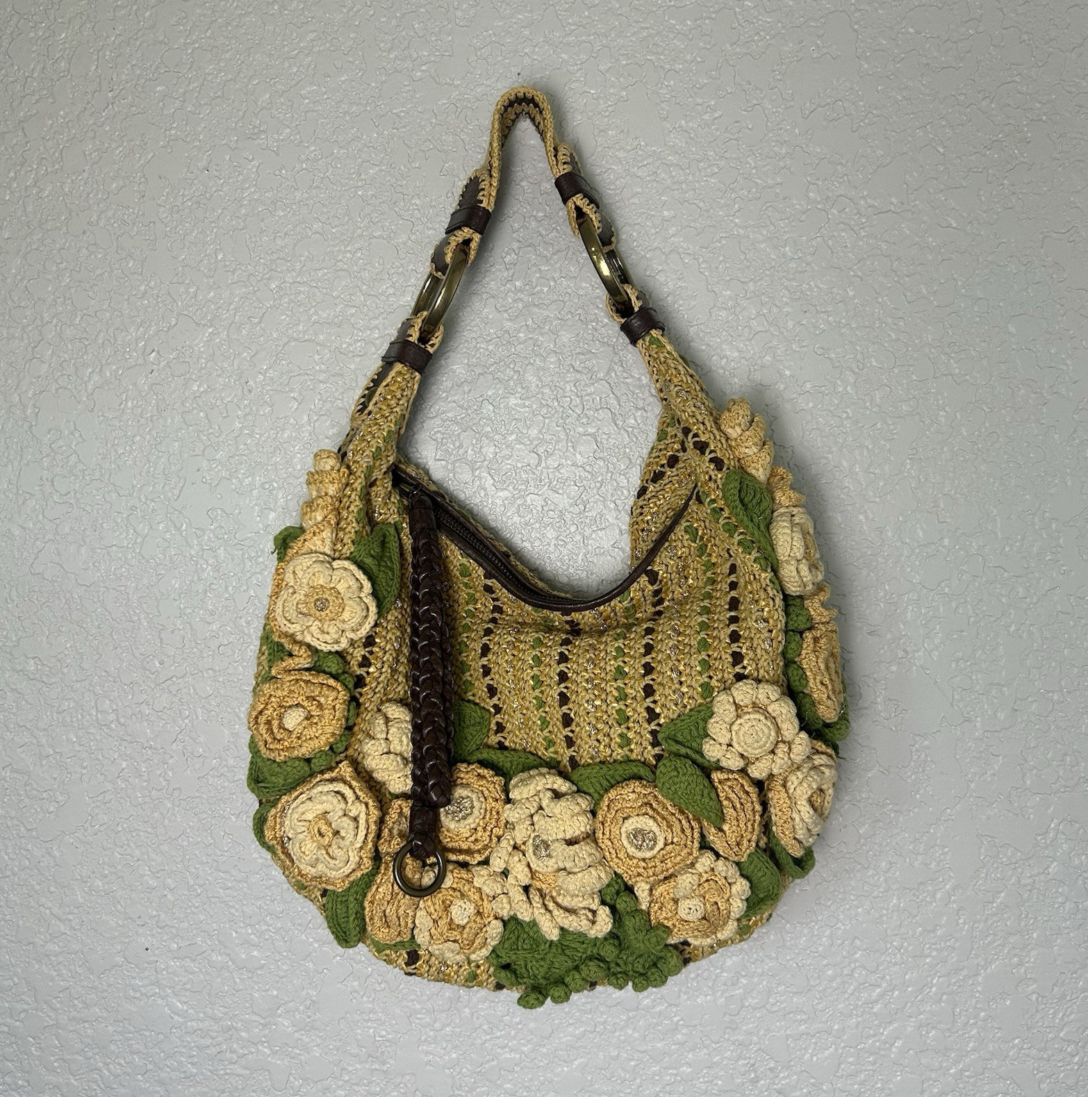 Vintage Isabella Fiore Woven Crochet Hobo Crescent Floral Shoulder Bag