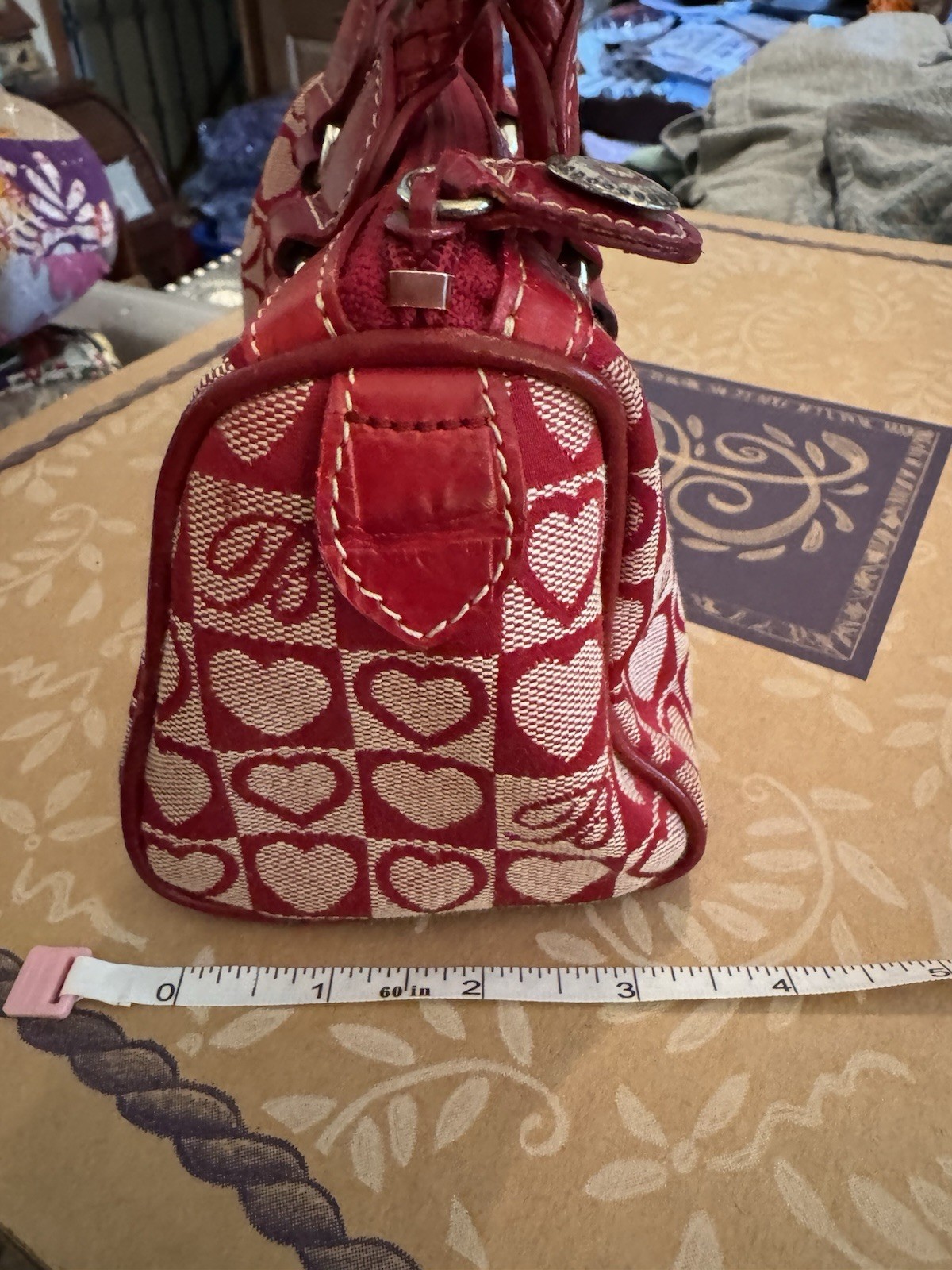 Brighton Red Heart Print Small Satchel Top Handles Zip Bag w/ Charm, Pockets