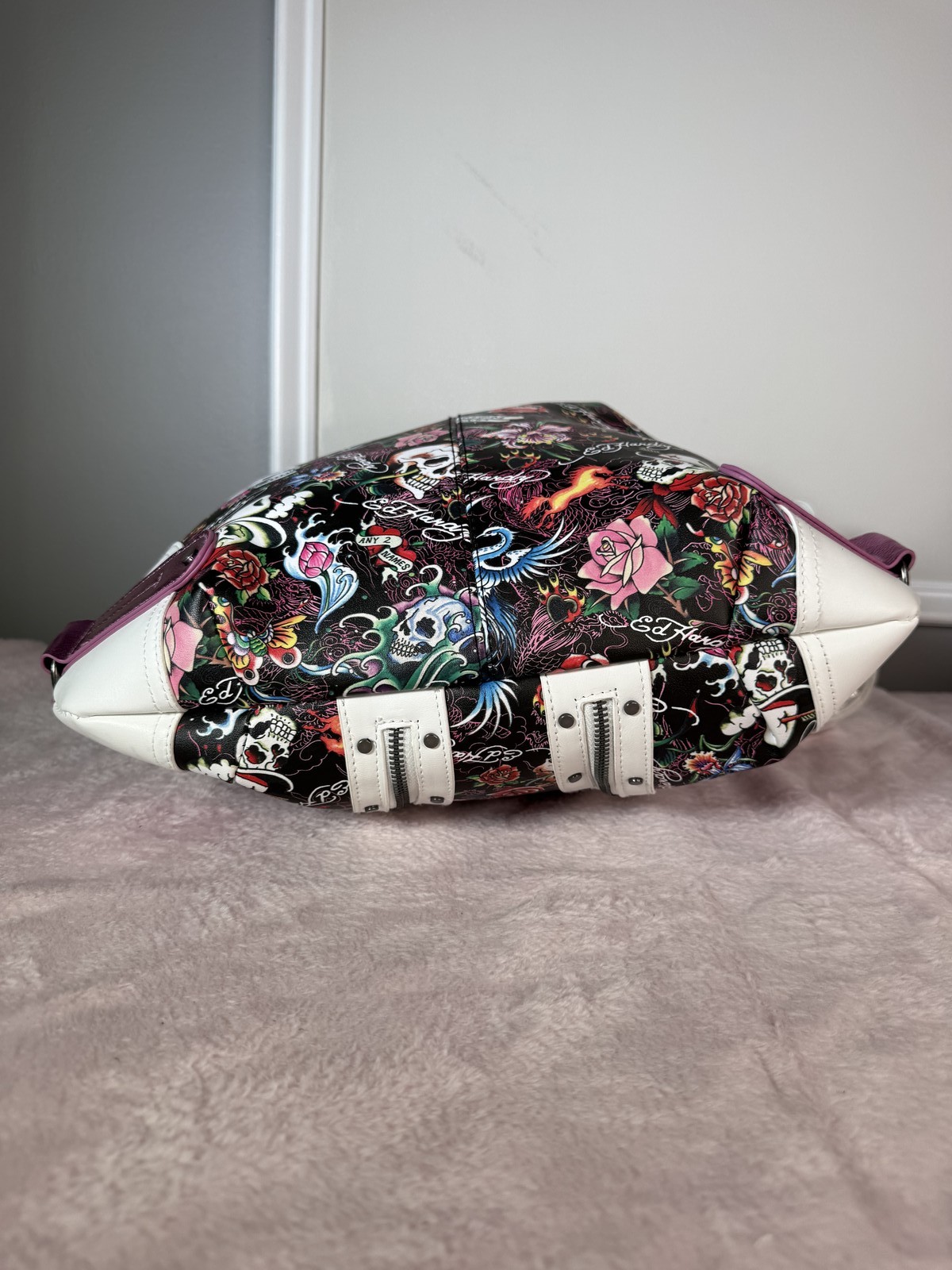 Ed Hardy white leather hobo bag tattoo print